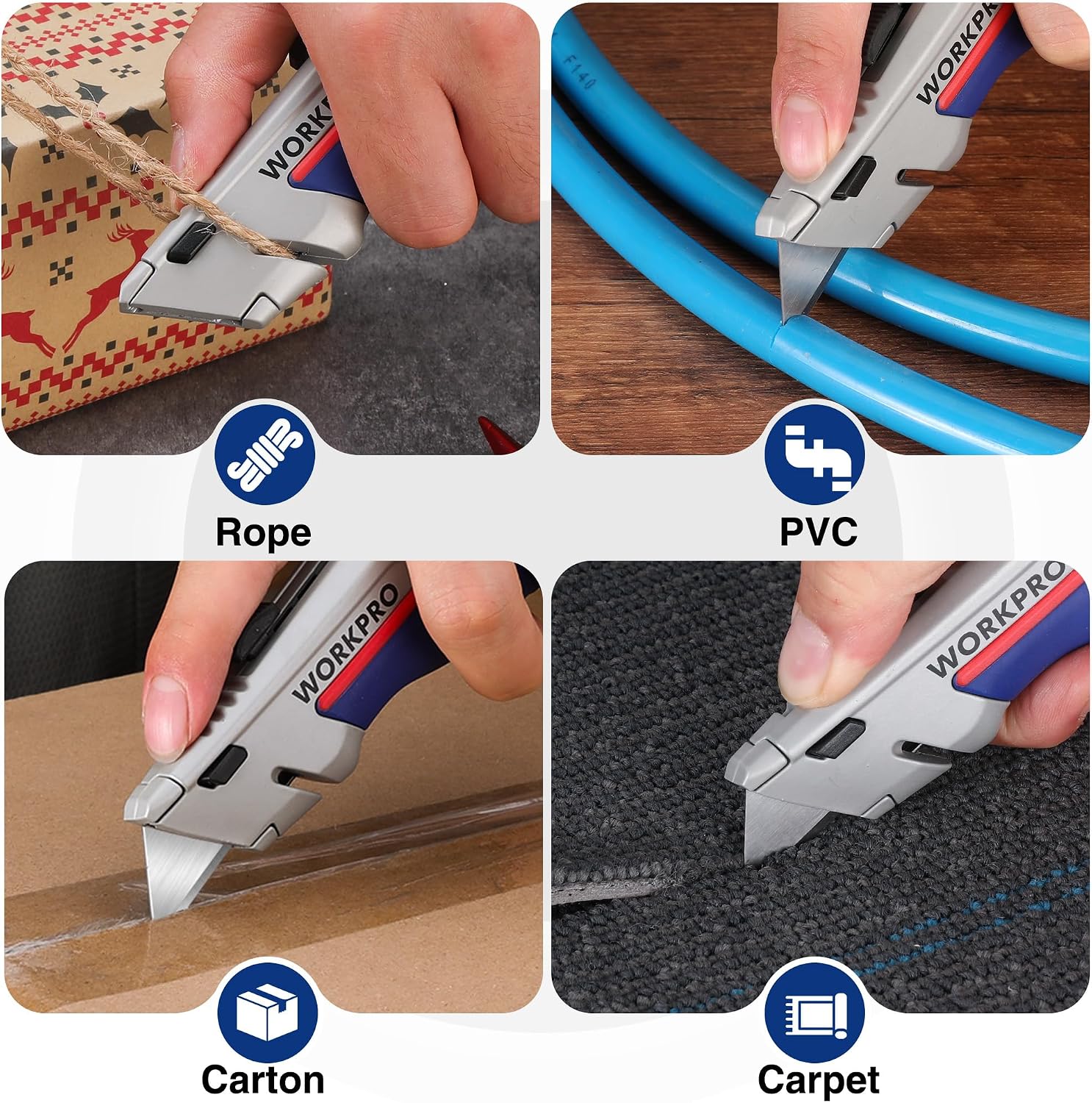 Retractable utility knife demonstrating cutting on rope, PVC, cardboard, and carpet.