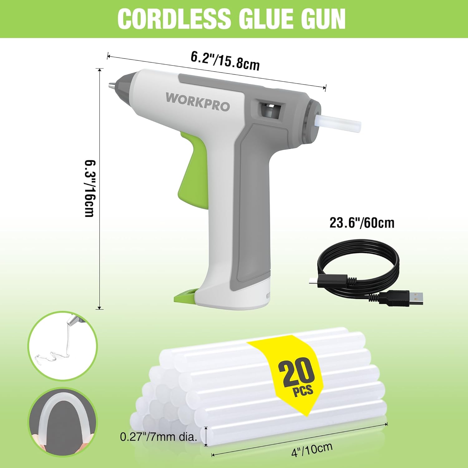 Cordless hot glue gun with white/gray body and green trigger, plus mini clear glue sticks