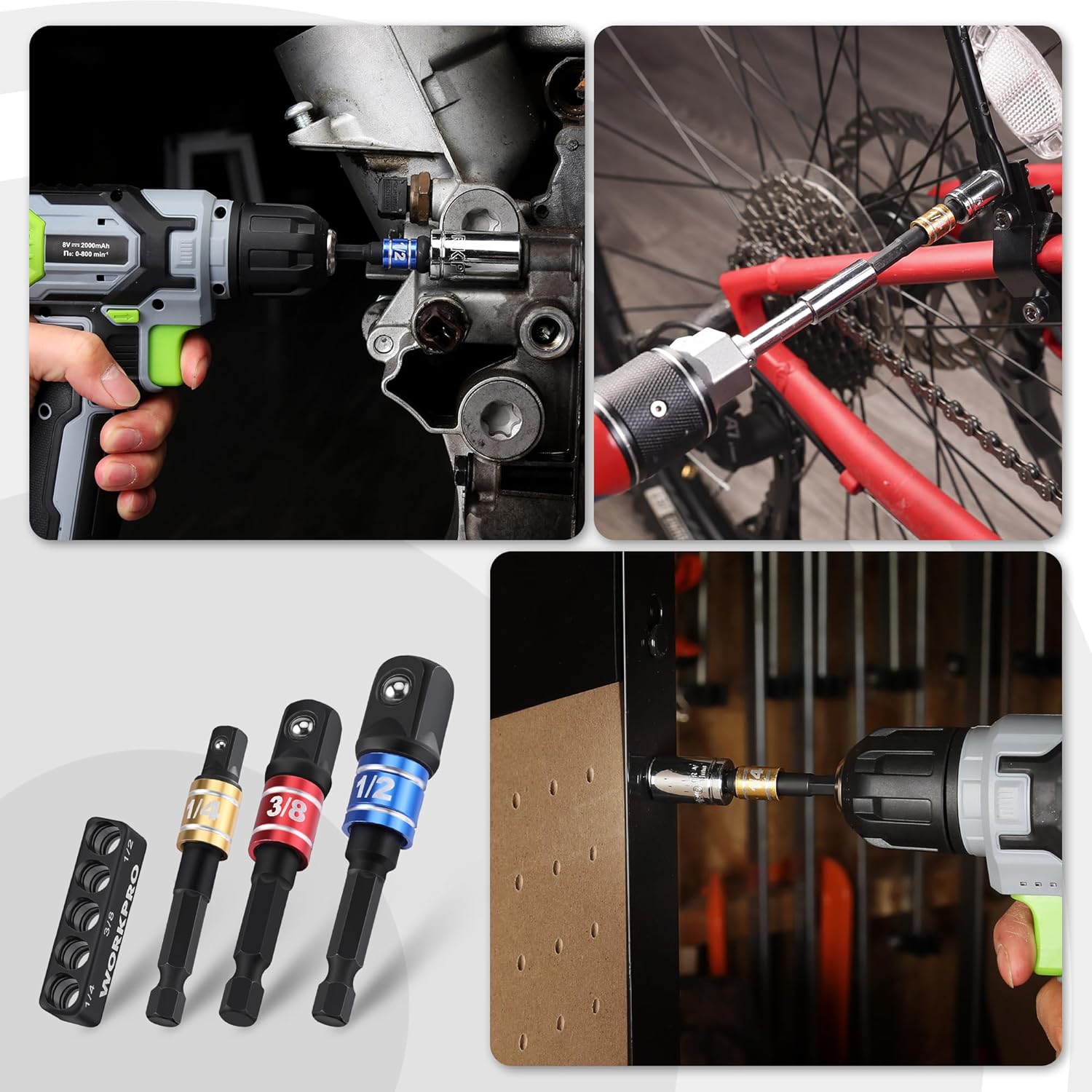 Impact socket adapter set installed on a drill/driver and used on workshop hardware