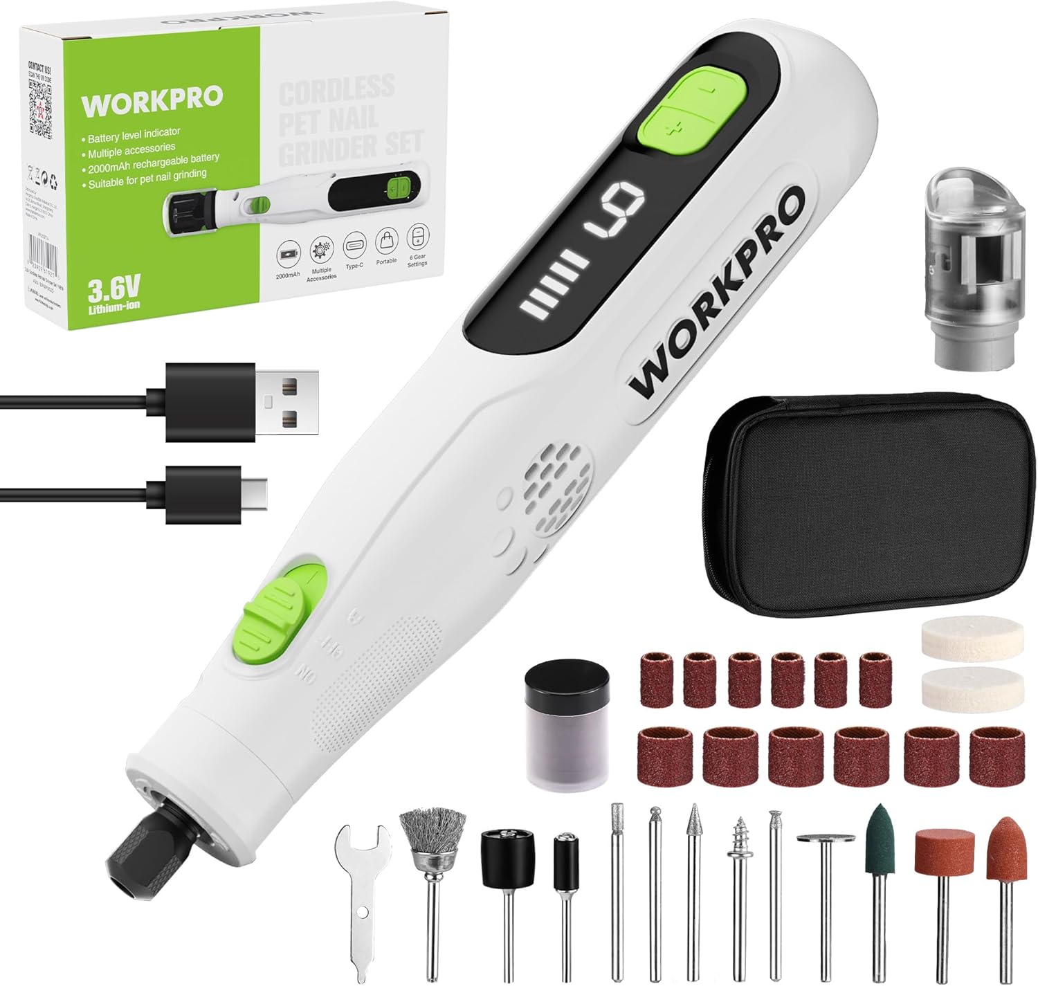 WORKPRO 3.6V Cordless Rotary Tool Kit, 70 Accessories, 6 Variable Speeds, Type-C Rechargeable, Mini Power Rotary Tool for Engraving, Sanding, Polishing and Pet Nail Grooming