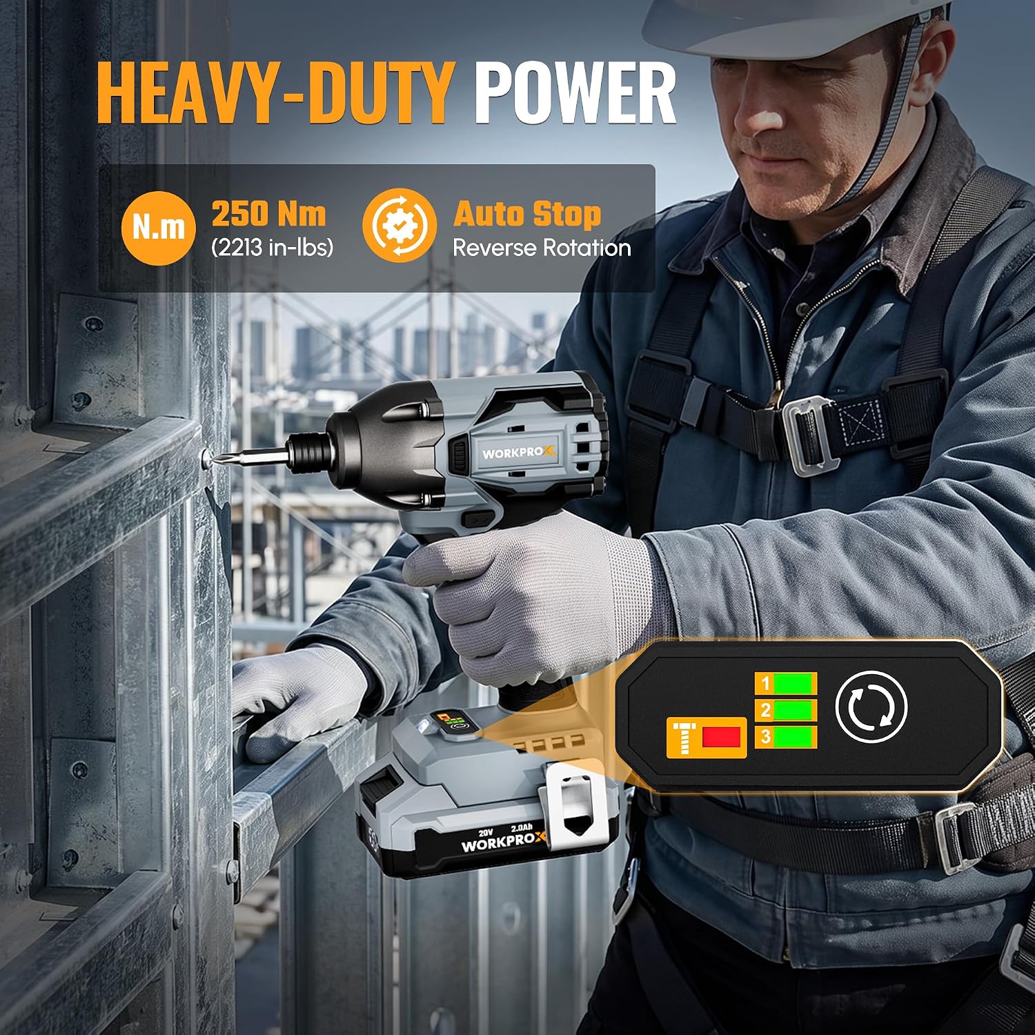 WORKPRO 20V cordless drill and impact driver combo kit in gray and black with auto stop reverse rotation