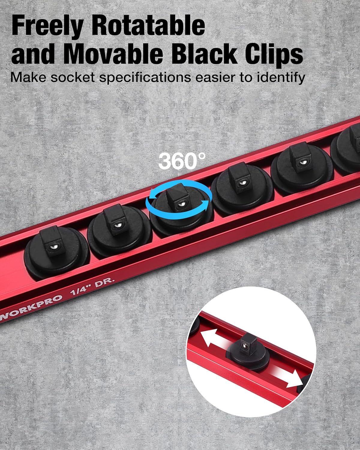 Red socket organizer rail with freely rotatable black clips for easy socket identification.
