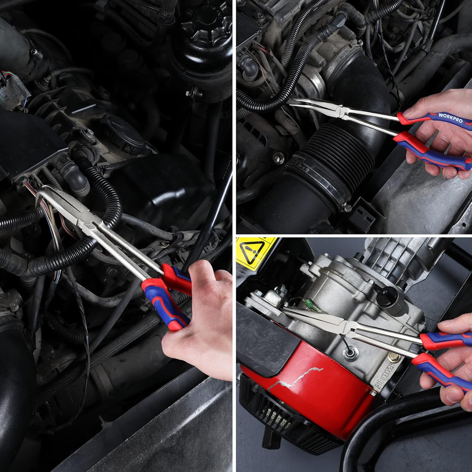 Needle nose pliers with blue/red grips holding a part in an engine bay