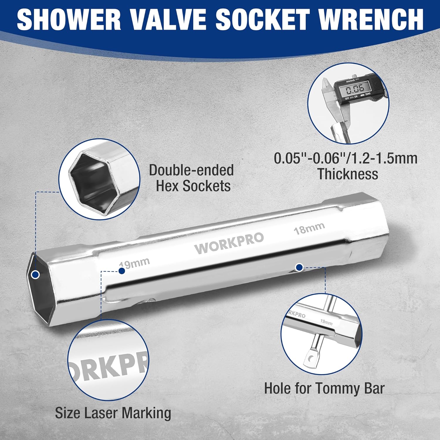 Chrome shower valve socket wrench with double-ended hex socket and tommy bar hole.
