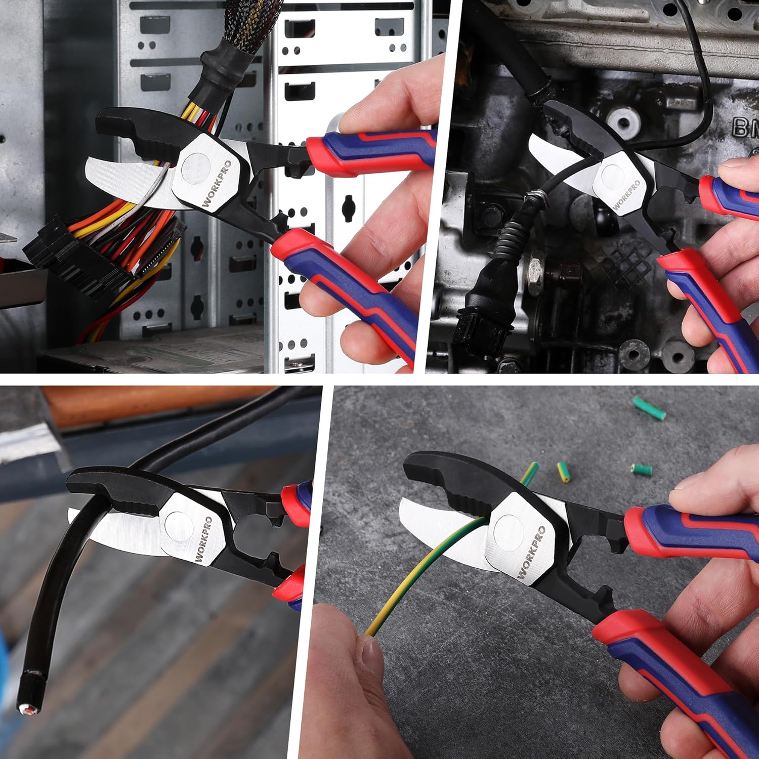 Cable cutter being used to cut colored wires; red/blue handles and black cutting jaw.