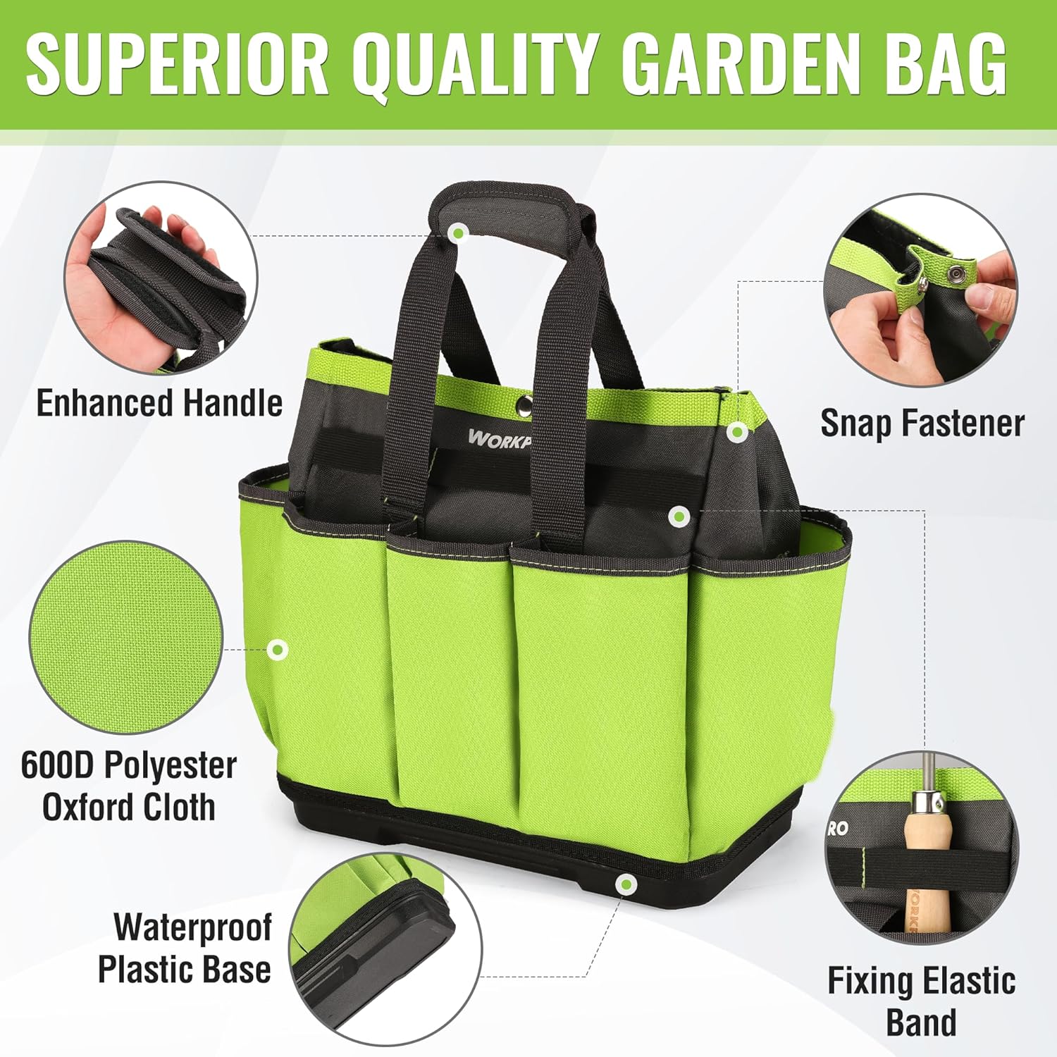 Green and black garden tool bag with handle, snap fasteners, and elastic fixing band.