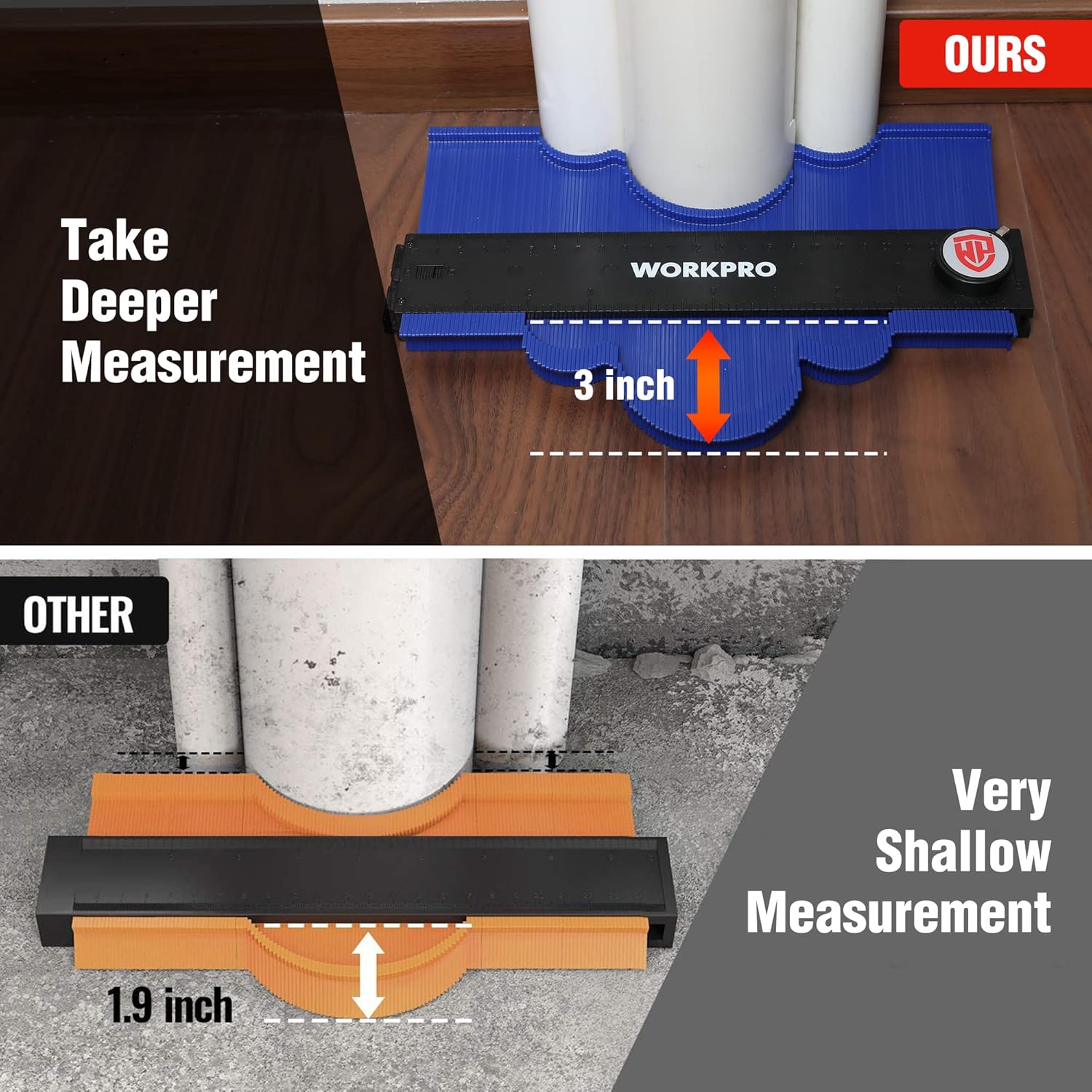 Blue contour gauge for measuring depth around pipes, showing 3-inch spacing on scale
