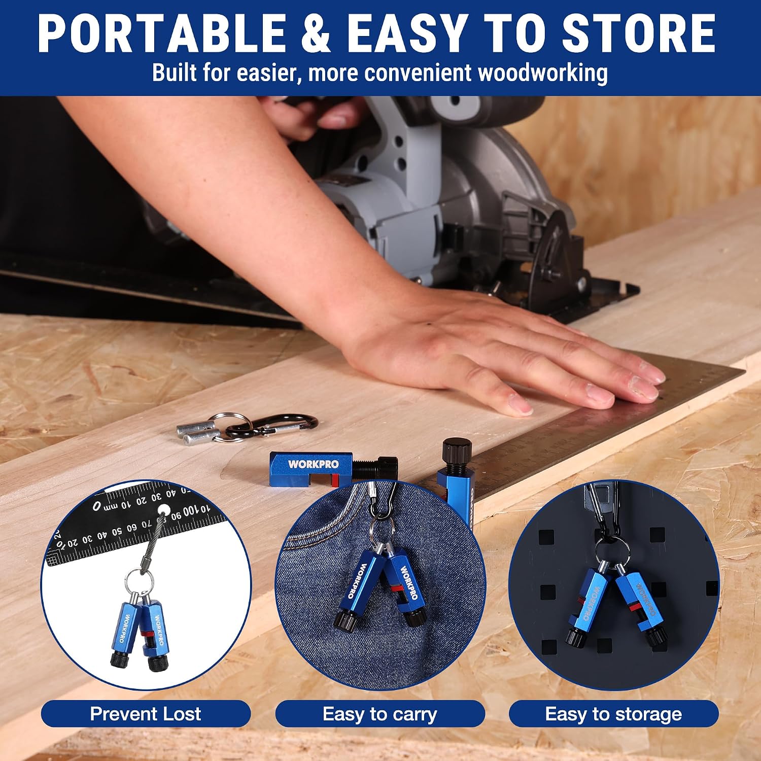 WORKPRO stair gauges with D-ring clips, blue anodized aluminum blocks and black knobs