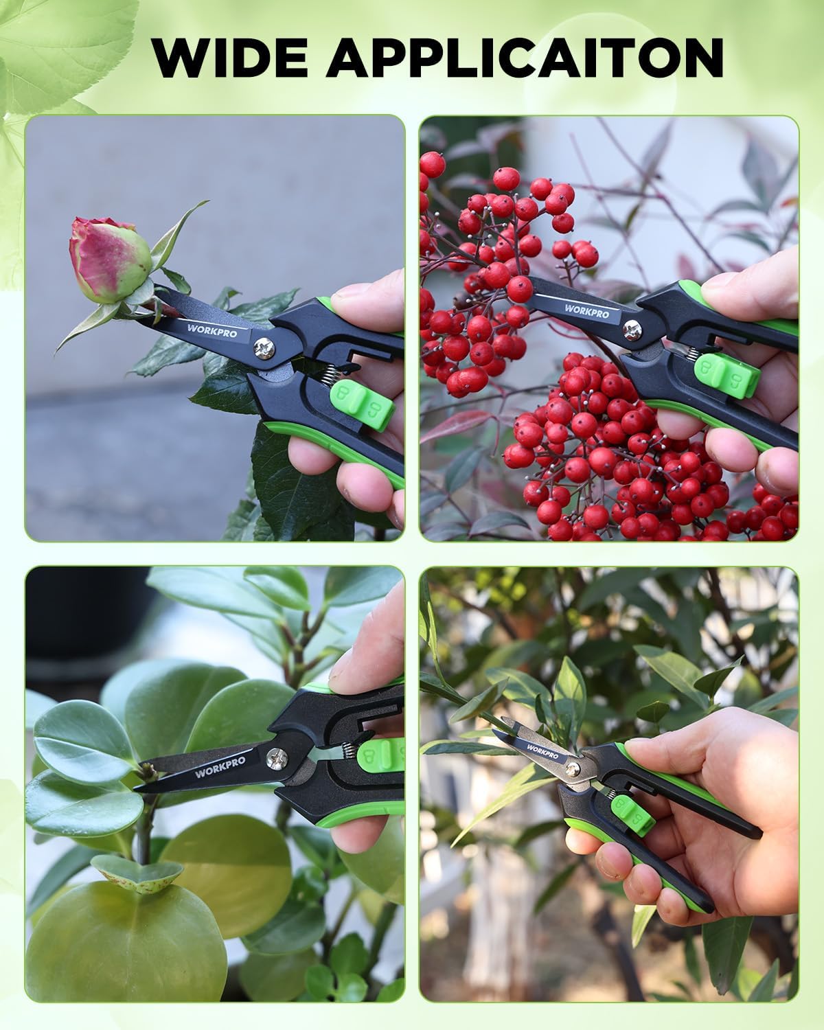 WORKPRO pruning shears cutting stems: green handles with carbon steel blades
