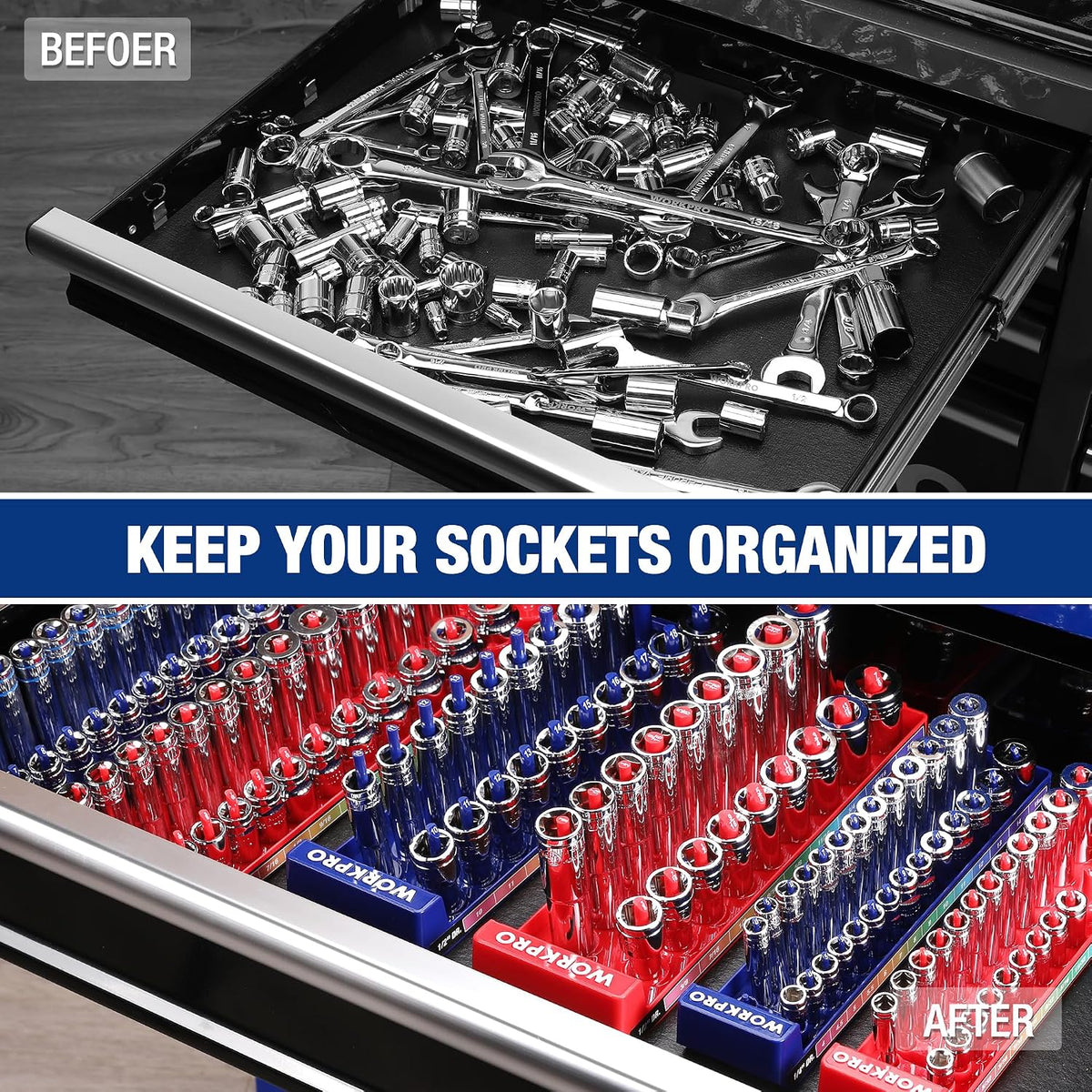 Socket organizer trays filled with shiny metal sockets in blue and red racks