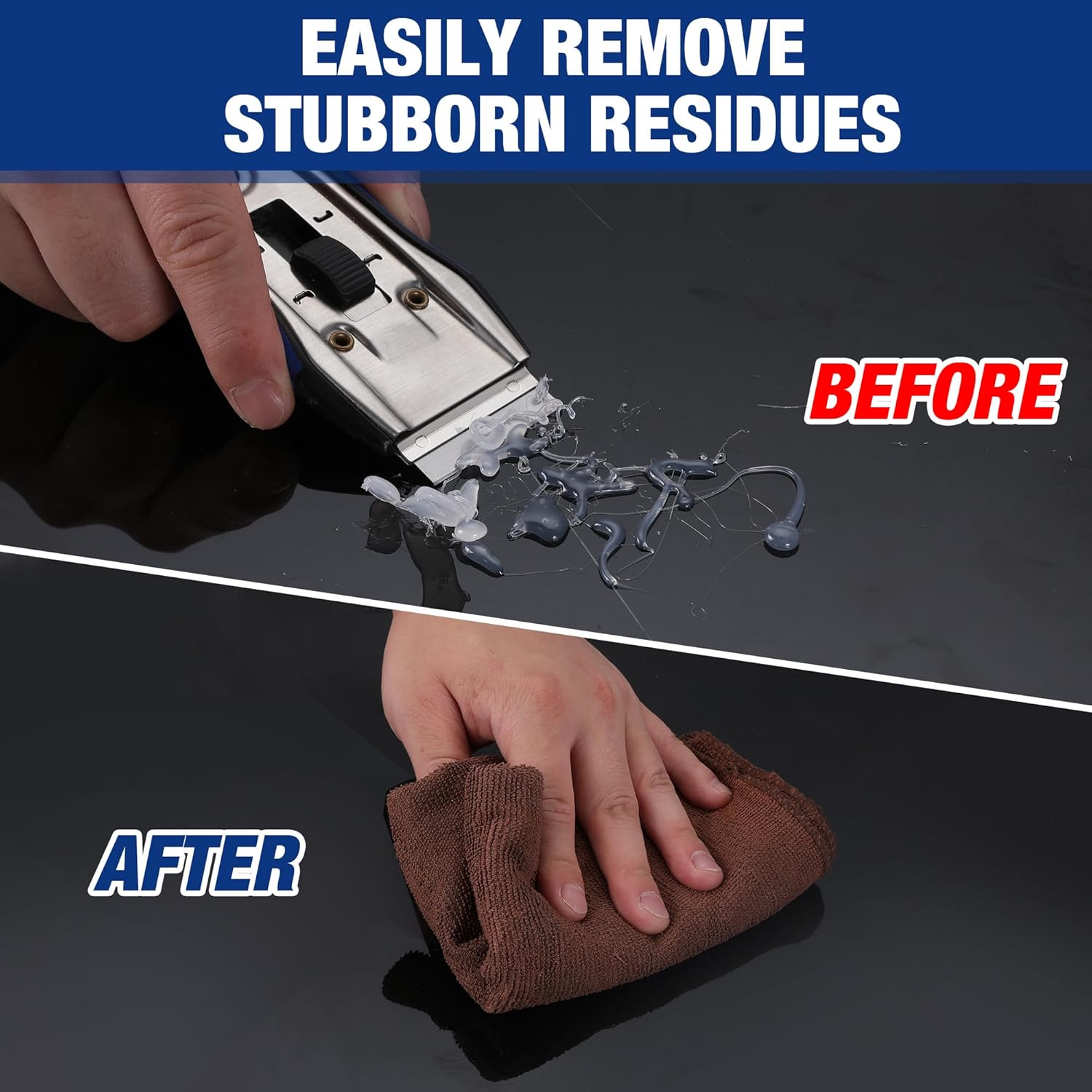 Single-edge scraper razor blade used to remove stubborn residue from a surface