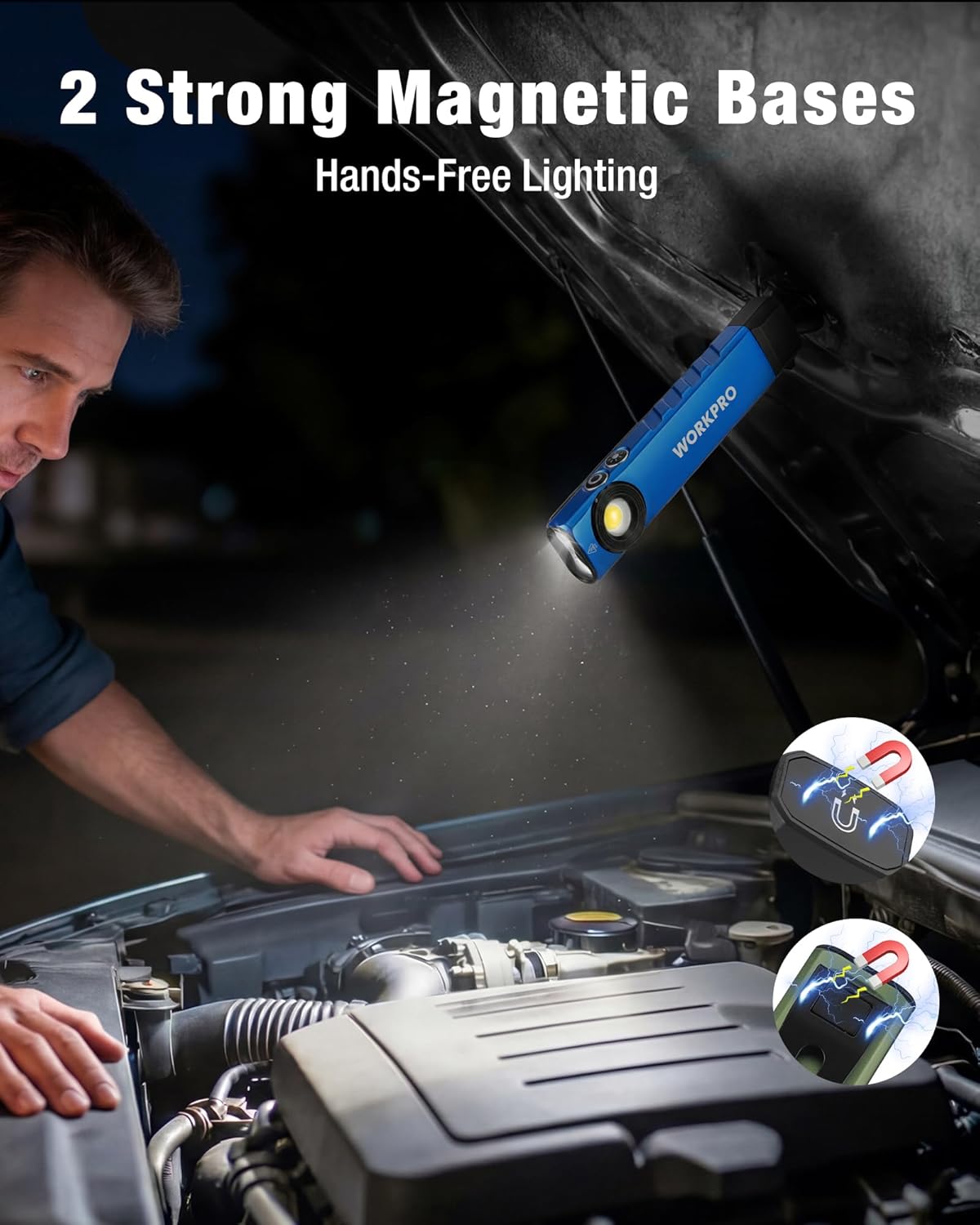 Blue WORKPRO flashlight with two magnetic bases for hands-free lighting.