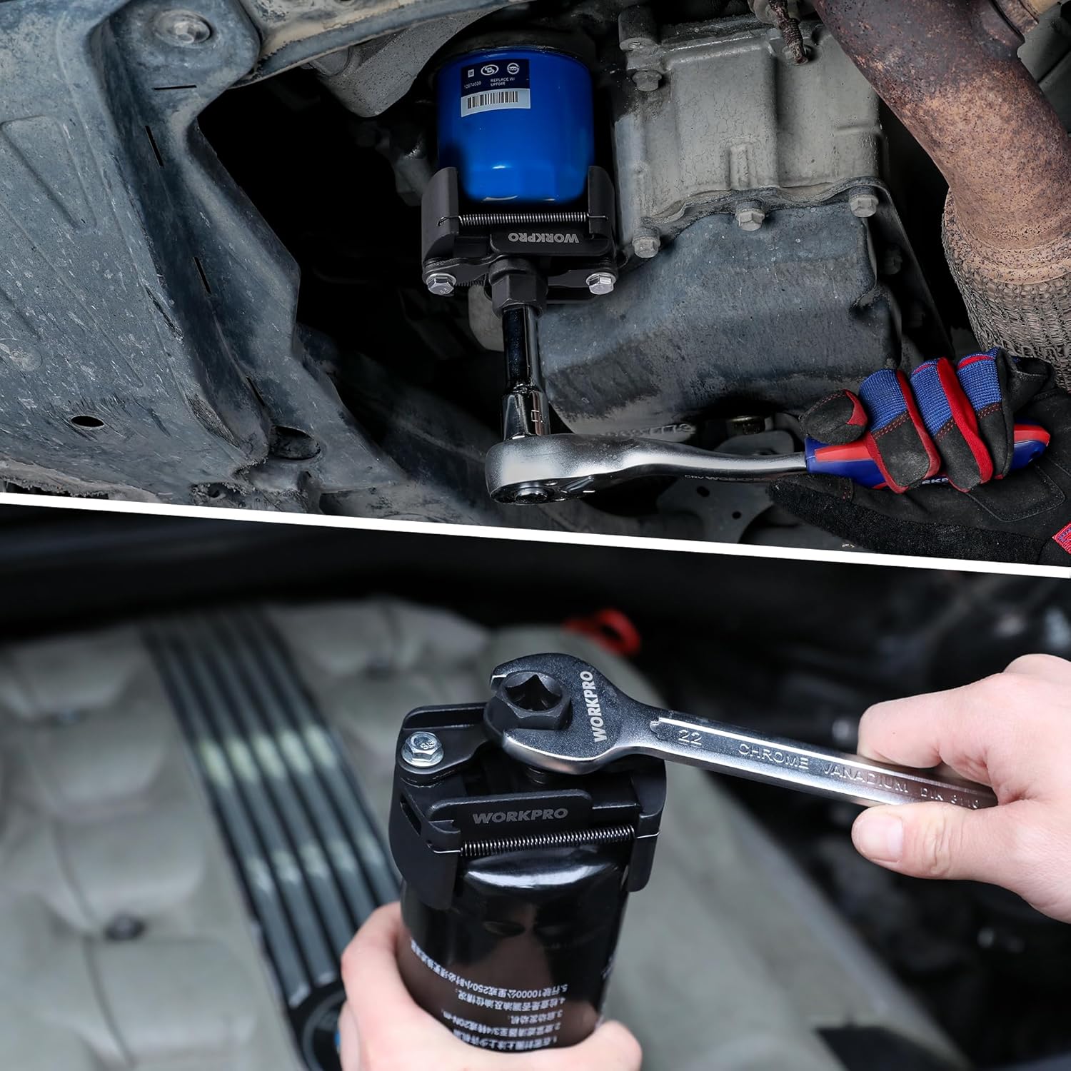 Universal oil filter wrench in use, held by hand on engine filter area