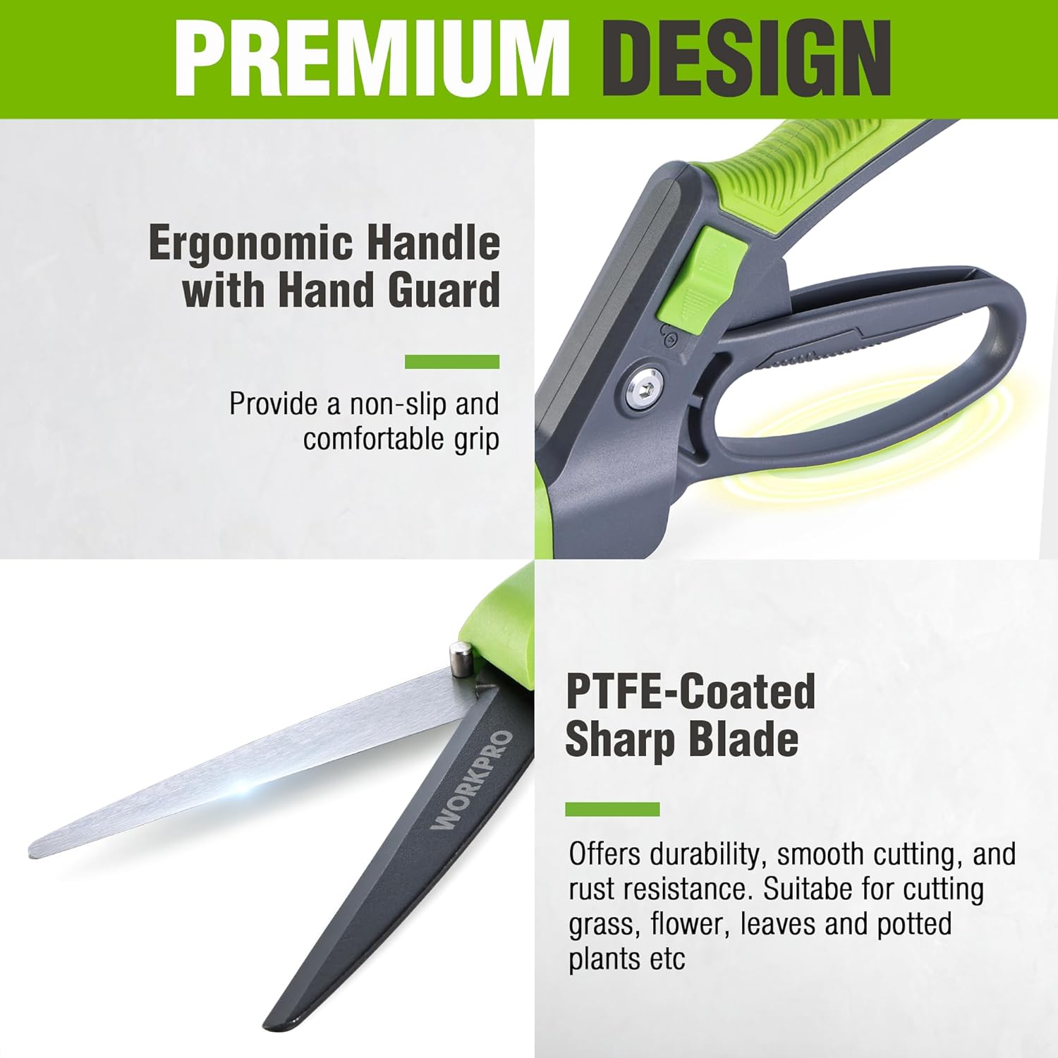 WORKPRO ergonomic grass shears with hand guard and PTF(E)-coated sharp blade