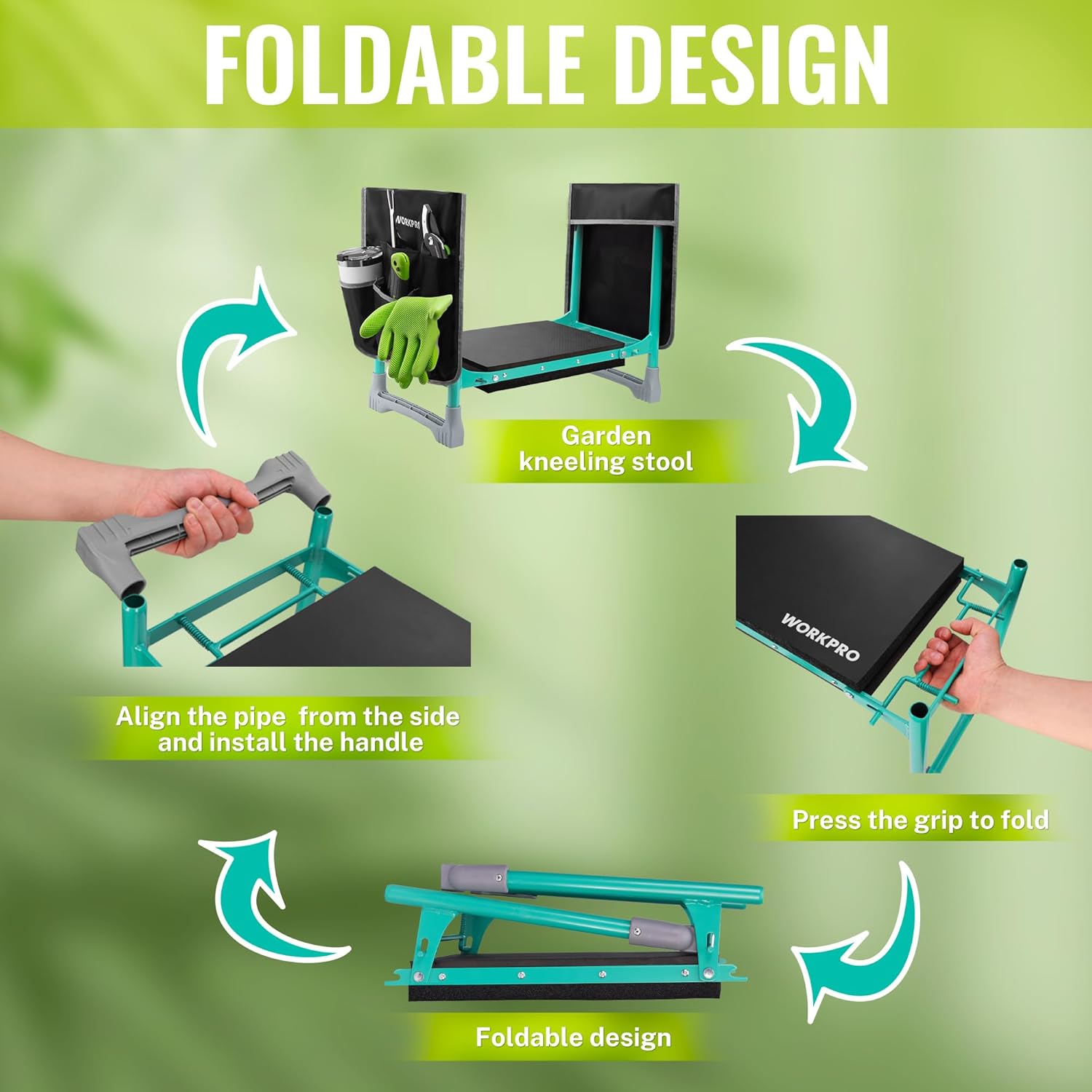 Foldable garden kneeler stool showing handle grip and collapsible frame mechanism
