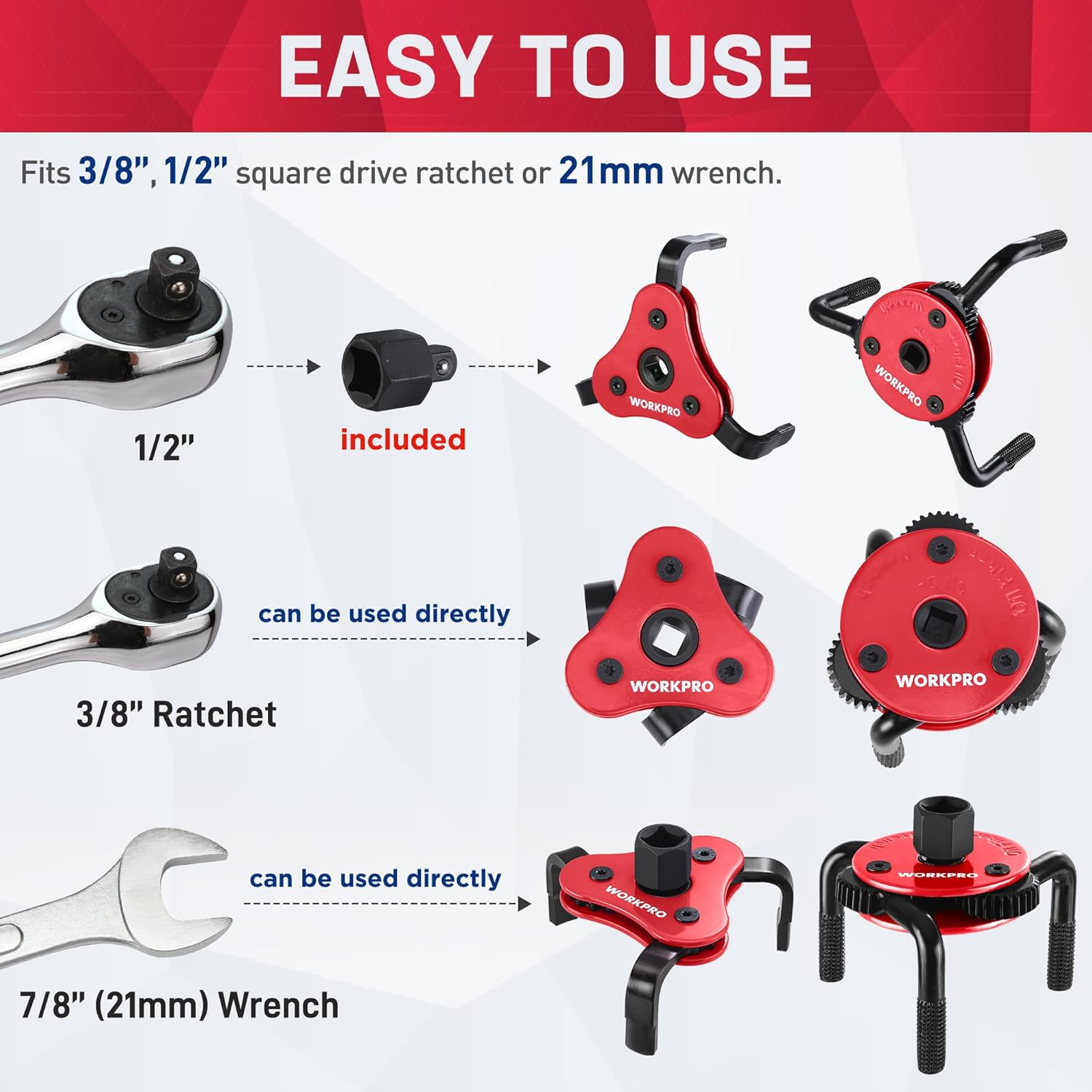 Red universal oil filter wrench compatible with 1/2" square ratchet and 21mm wrench