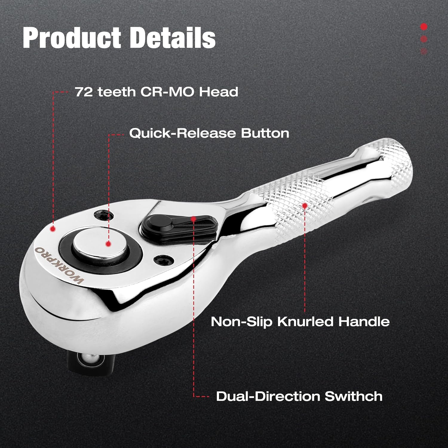 Chrome stubby ratchet with quick-release button, non-slip knurled handle and dual switch