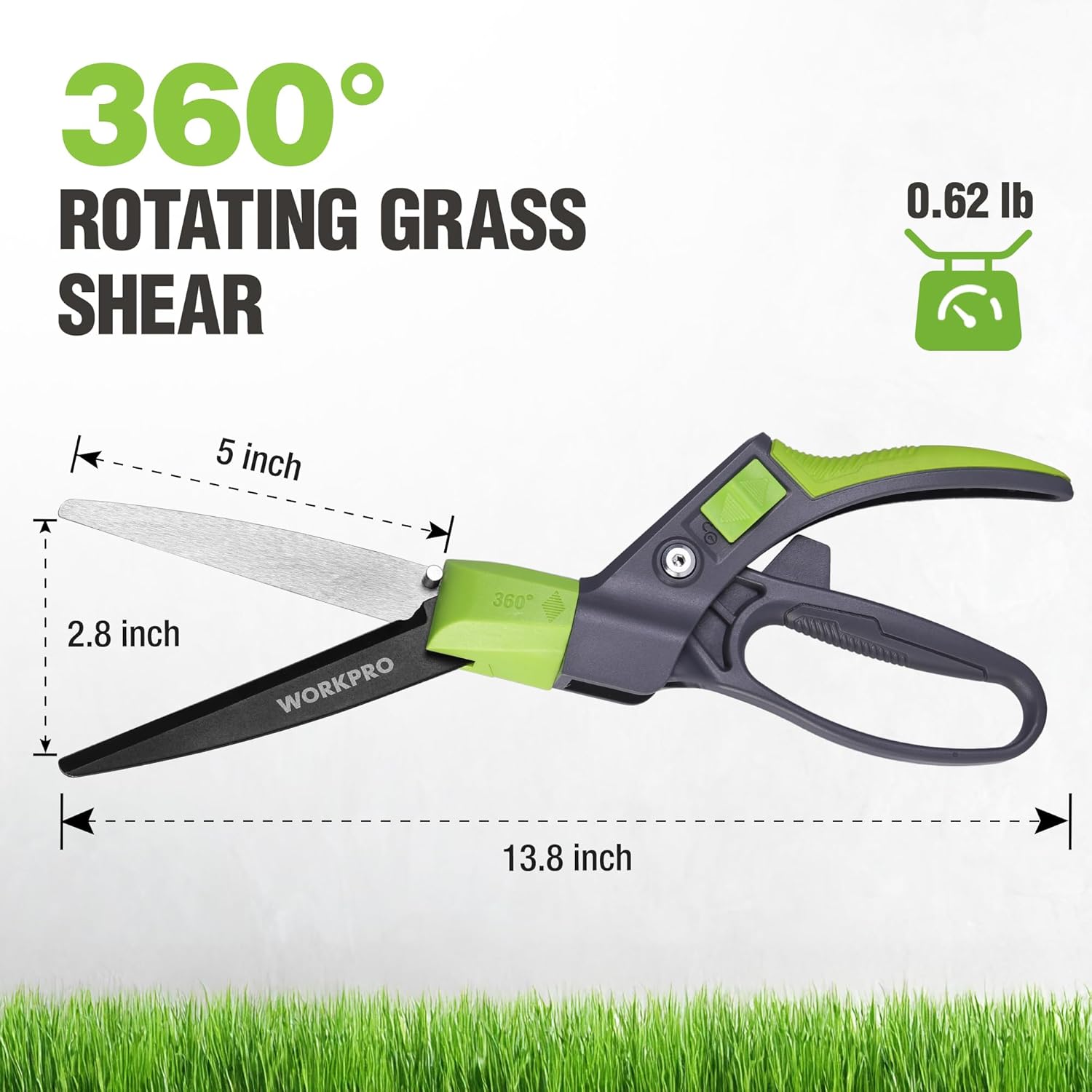 WORKPRO 360° rotating grass shear with green handle and silver cutting blades