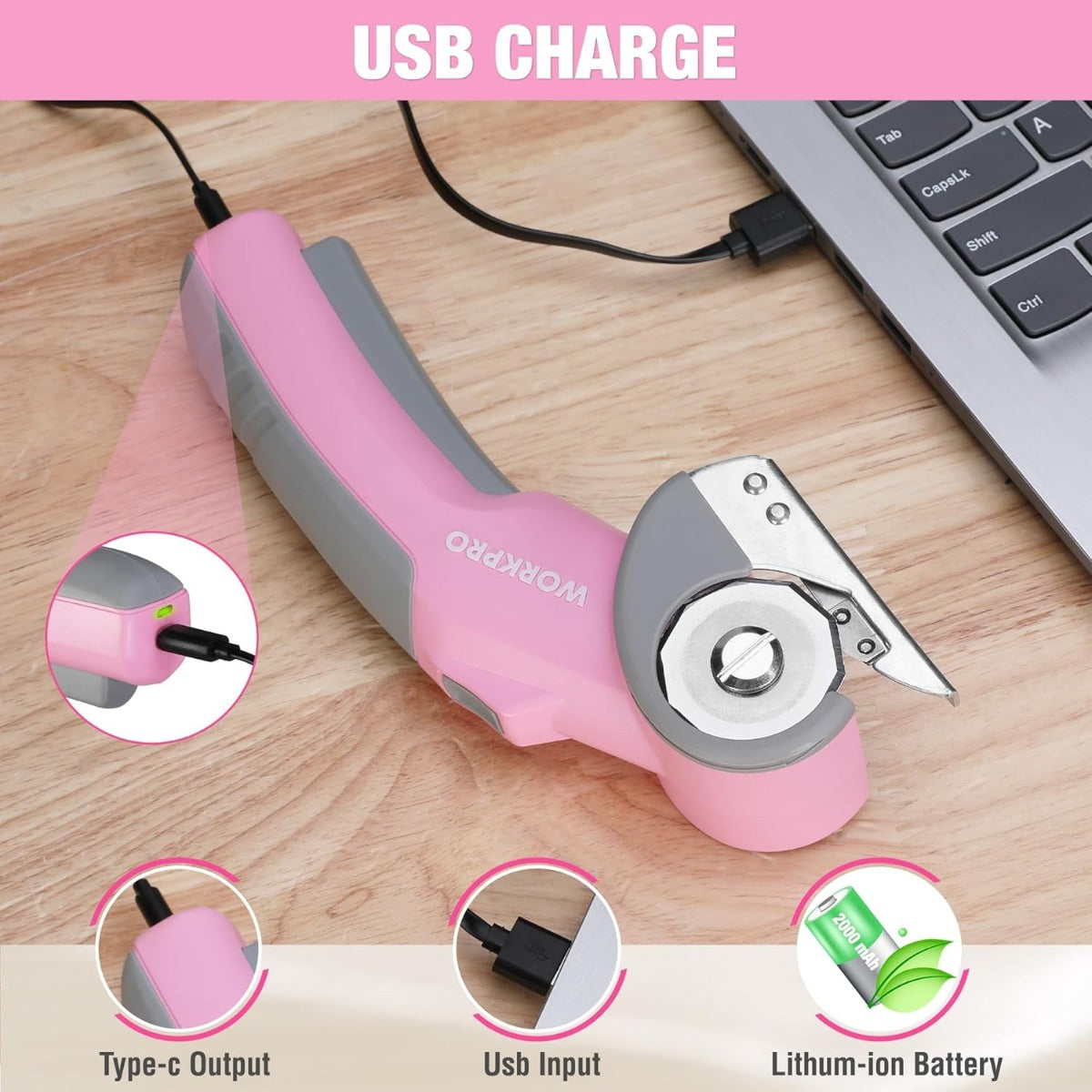 Pink cordless rotary cutter with USB charging cable and battery button area