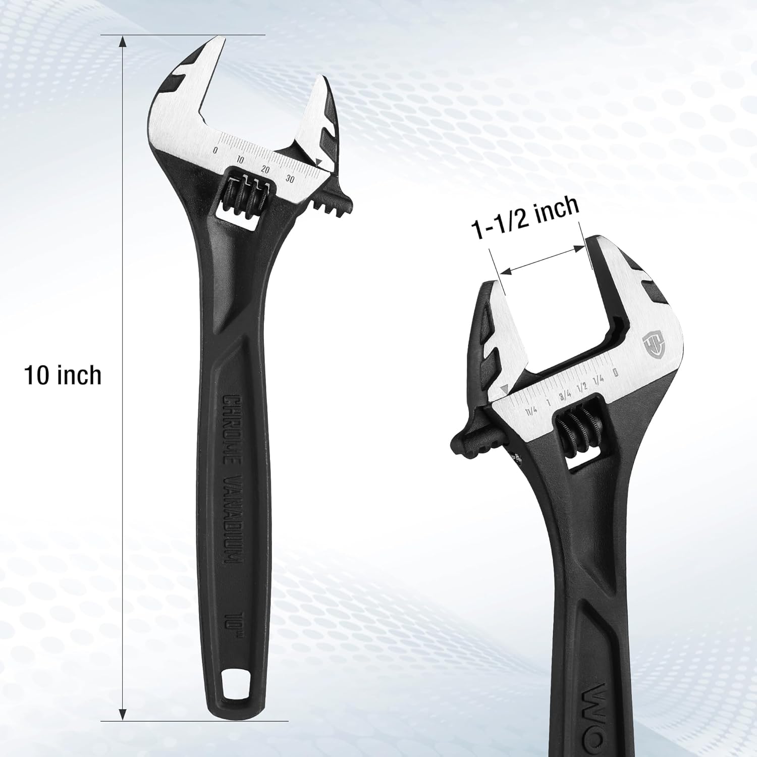 10-inch black adjustable wrench with open jaws and inch markings on scale
