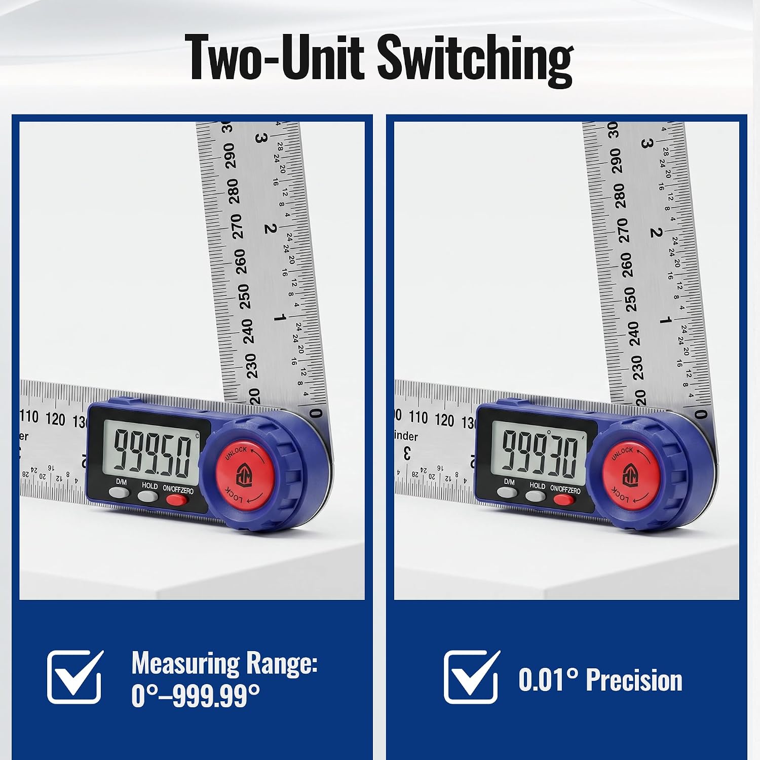 Blue digital angle finder showing switching display values with red lock dial
