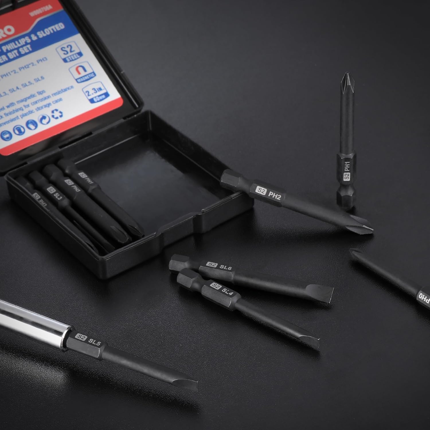 WORKPRO screwdriver bit set in a black storage case with multiple S2 bits and hex shanks