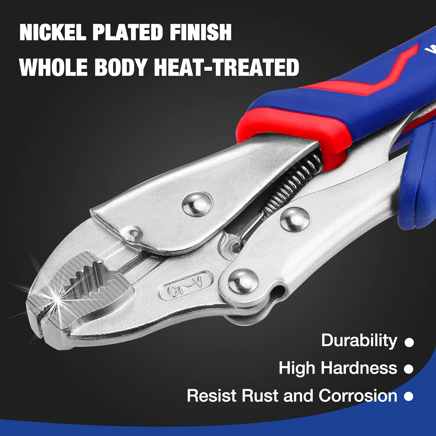 Nickel-plated locking plier with red/blue grips, serrated jaw and adjustable screw