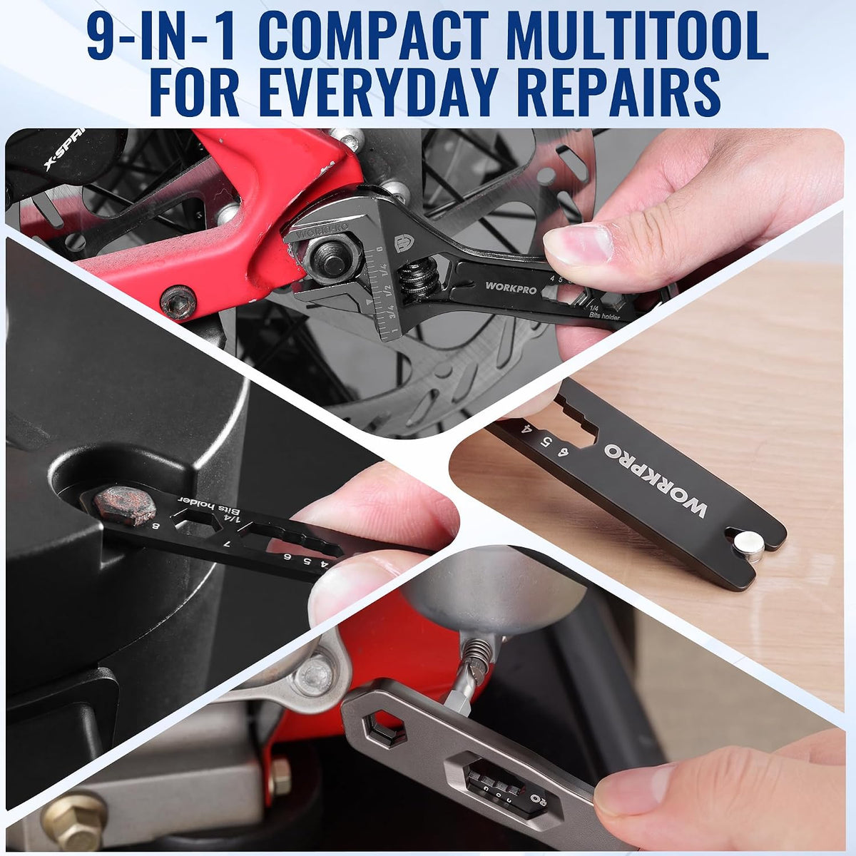 WORKPRO 4" Adjustable Wrench Wide Jaw Opening, 9-in-1 Mini Wrench Multitool