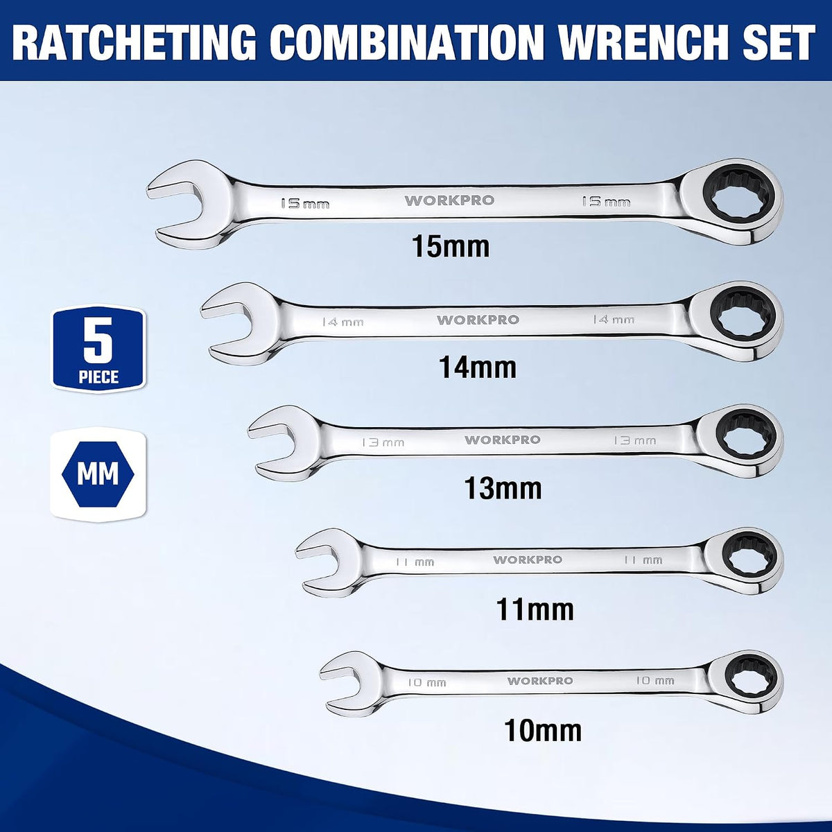 WORKPRO Ratcheting Wrench Set, Metric, 5-piece Ratcheting Combination Wrench Set, 10mm, 11mm, 13mm, 14mm, 15mm, 12-Point, CR-V Steel, with Organizer Rack
