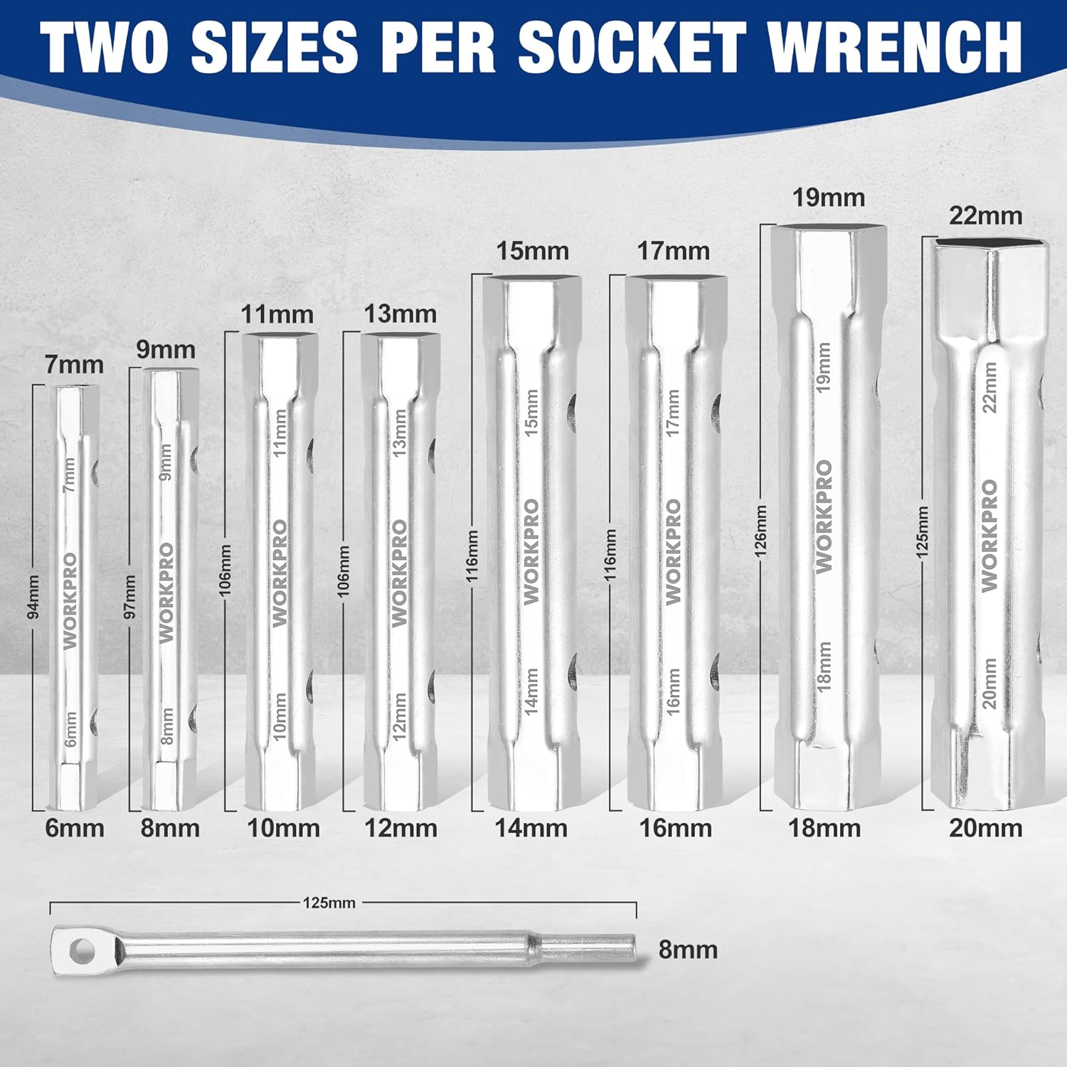 Chrome double-ended hex socket wrench set with multiple size sockets shown on rods.