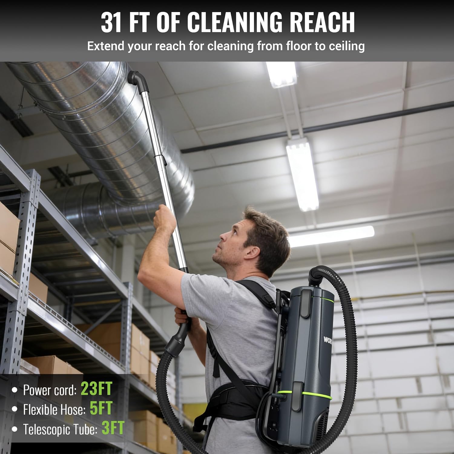 WORKPRO vacuum backpack cleaner with extended telescopic tube and long hose for high reach.
