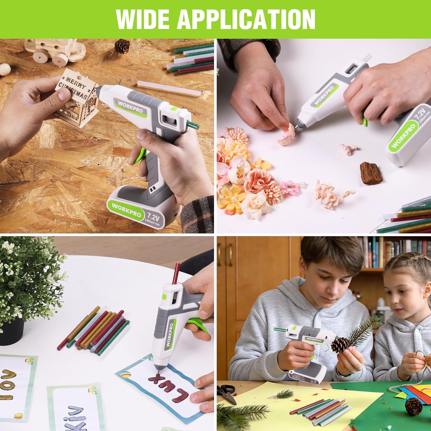 Cordless hot glue gun kit for crafts, applying glue to wood and paper