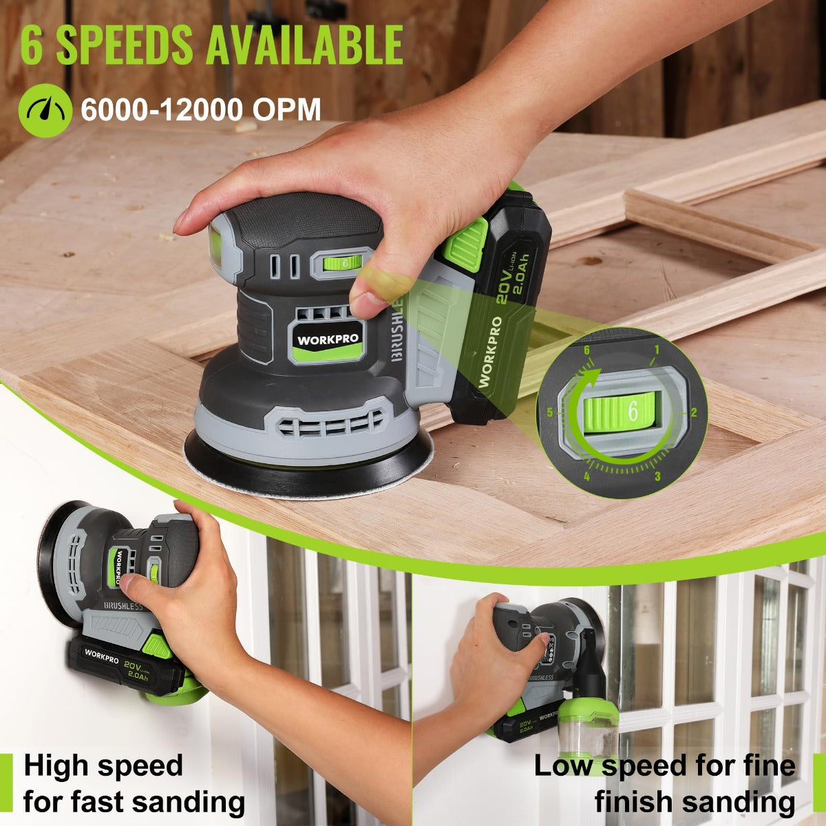 Cordless orbital sander sanding wood with 6-speed indicator and green battery pack
