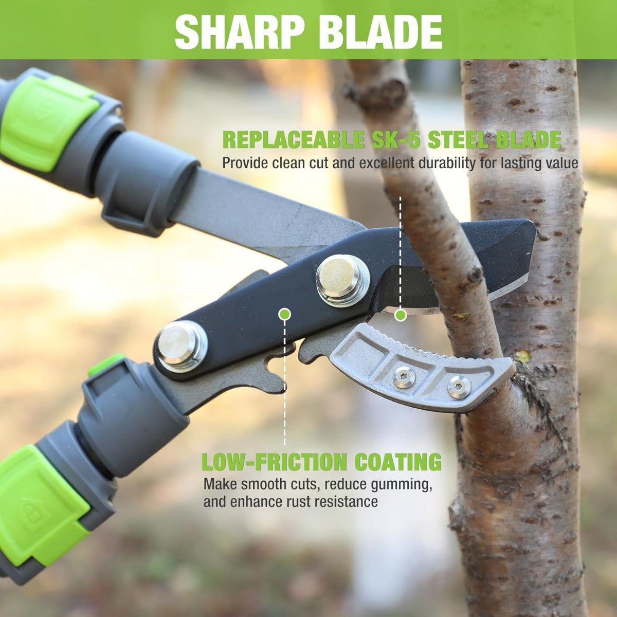 Close-up of anvil lopper blade cutting a small branch, green grip handle end