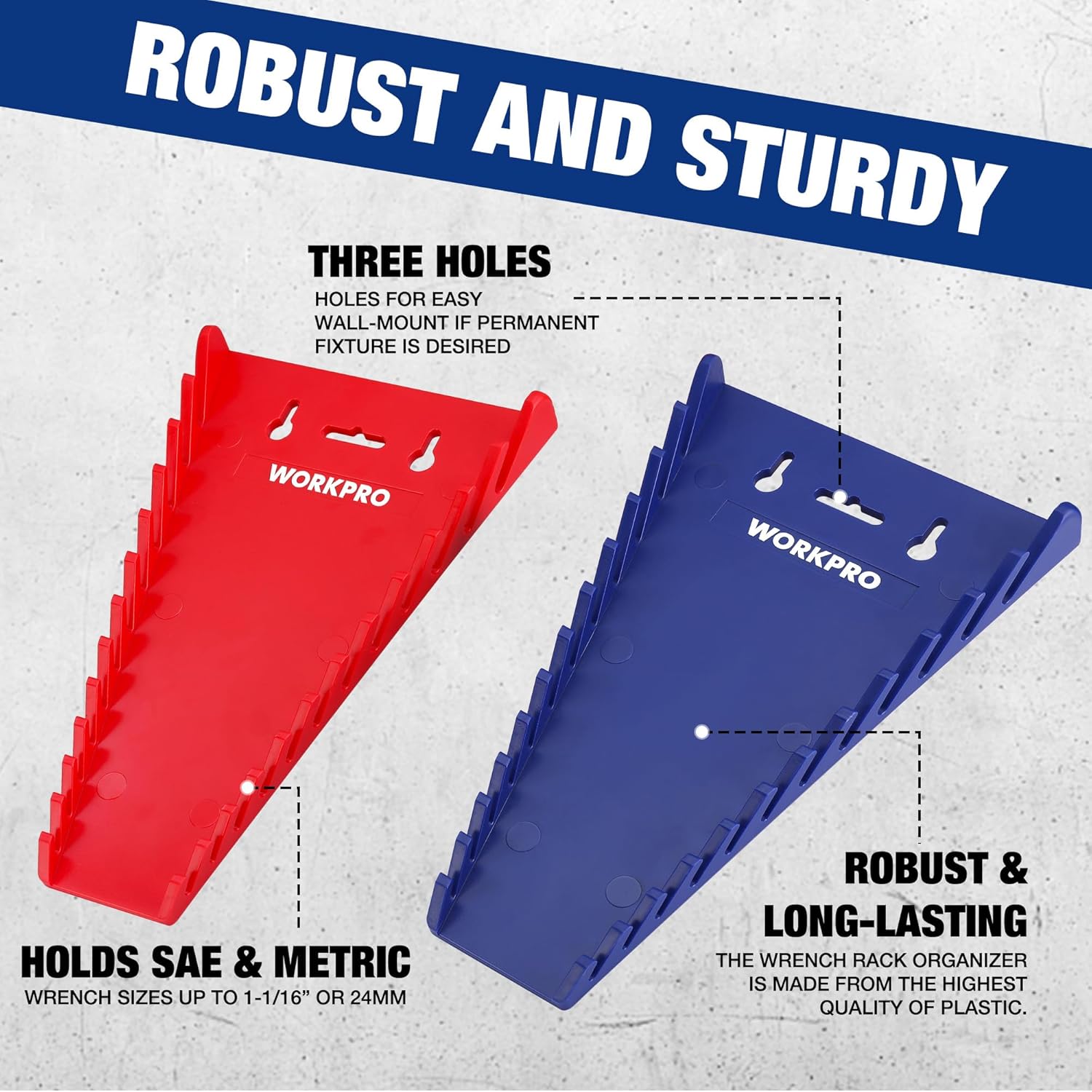 Magnetic wrench organizer set with red and blue racks, each with three mounting holes