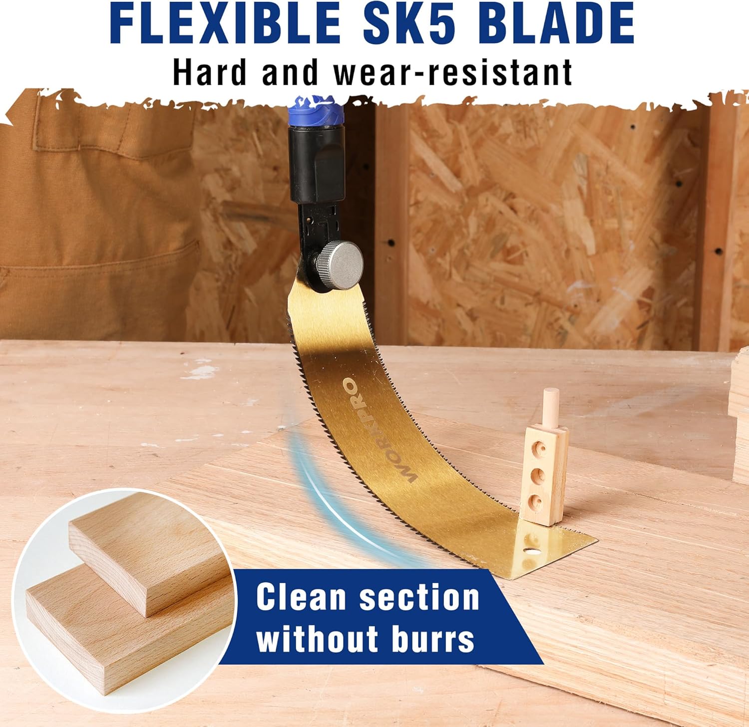 Japanese pull saw with flexible SK5 blade and blue non-slip handle for clean wood cuts