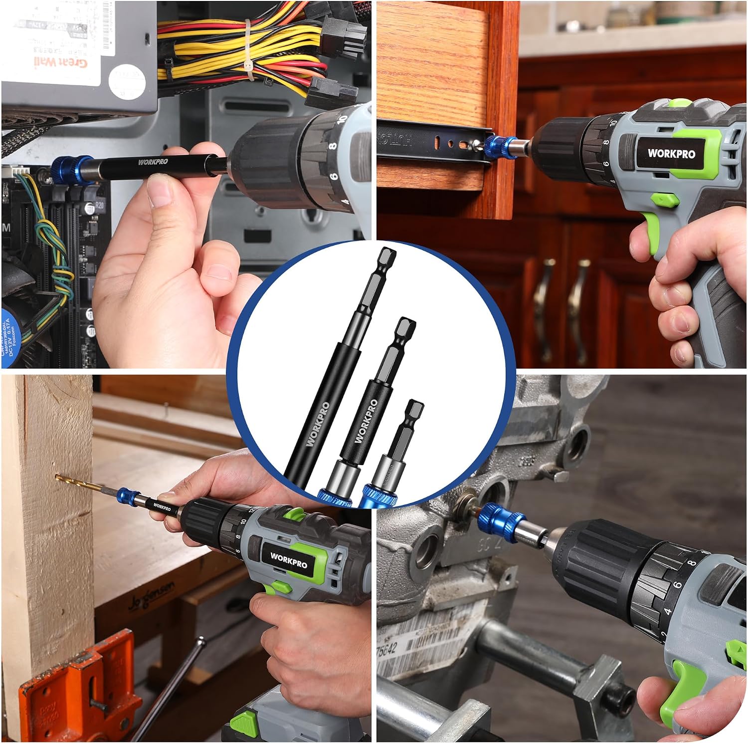 WORKPRO magnetic drill bit holder extenders shown in use with drill