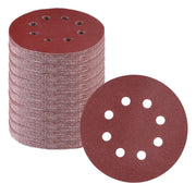 Red/brown 5-inch sanding disc set with 8 holes, stacked with one disc shown