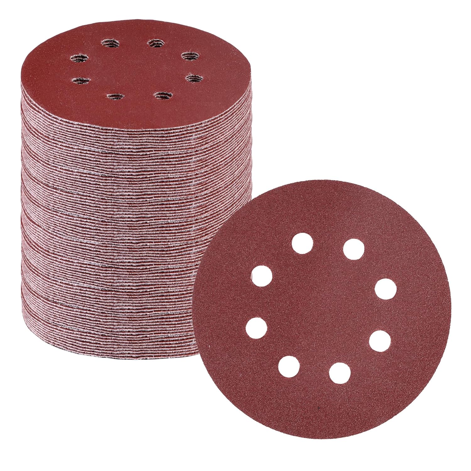 Red/brown 5-inch sanding disc set with 8 holes, stacked with one disc shown