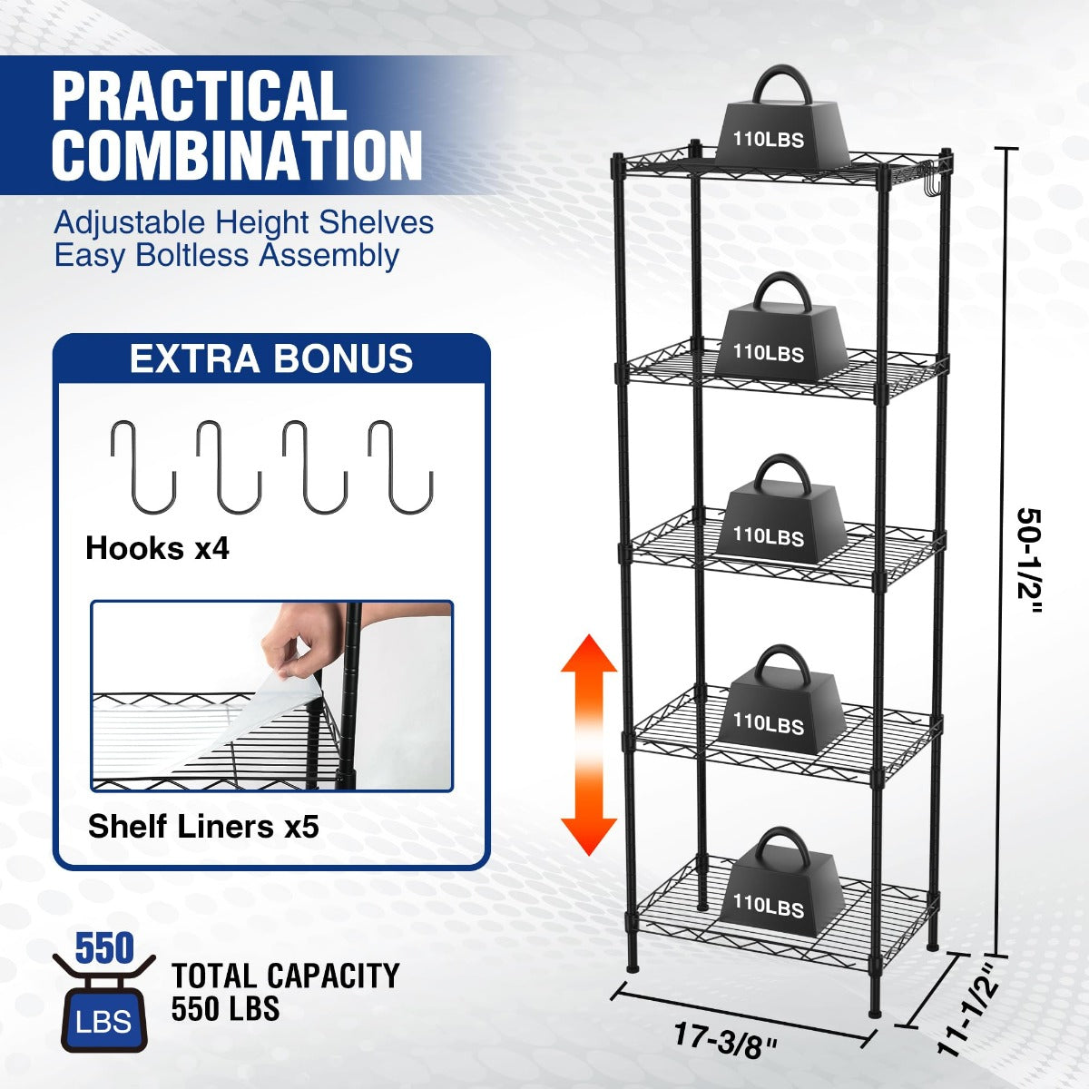 Black 5-tier metal storage shelf with adjustable height and included hooks