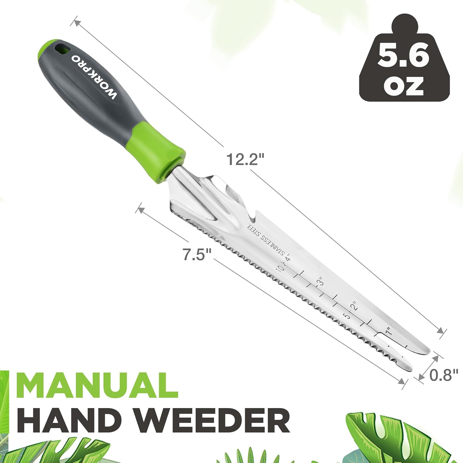 Stainless steel hand weeder with green-and-gray soft handle and serrated blade
