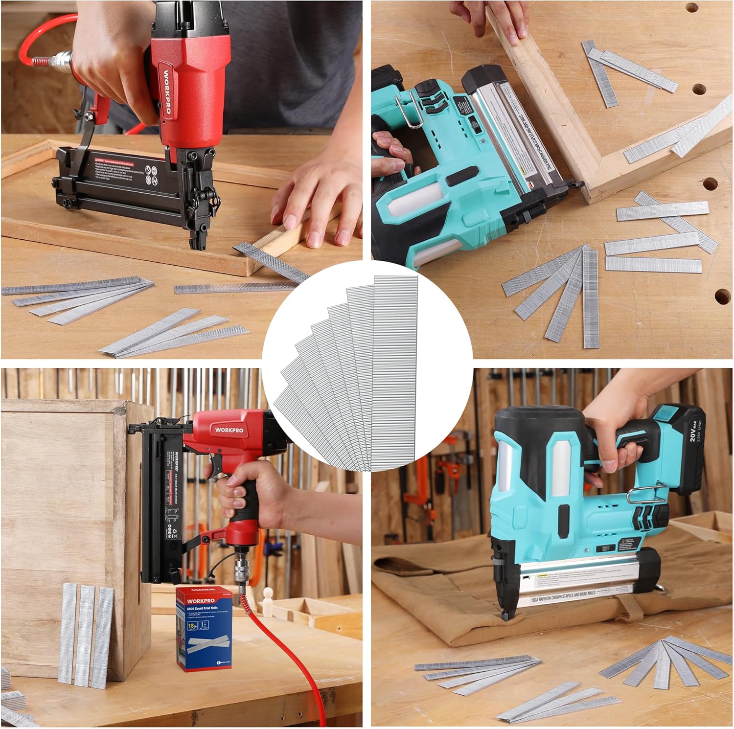 WORKPRO 18GA brad nails in strip, used with electric nailer on wood boards