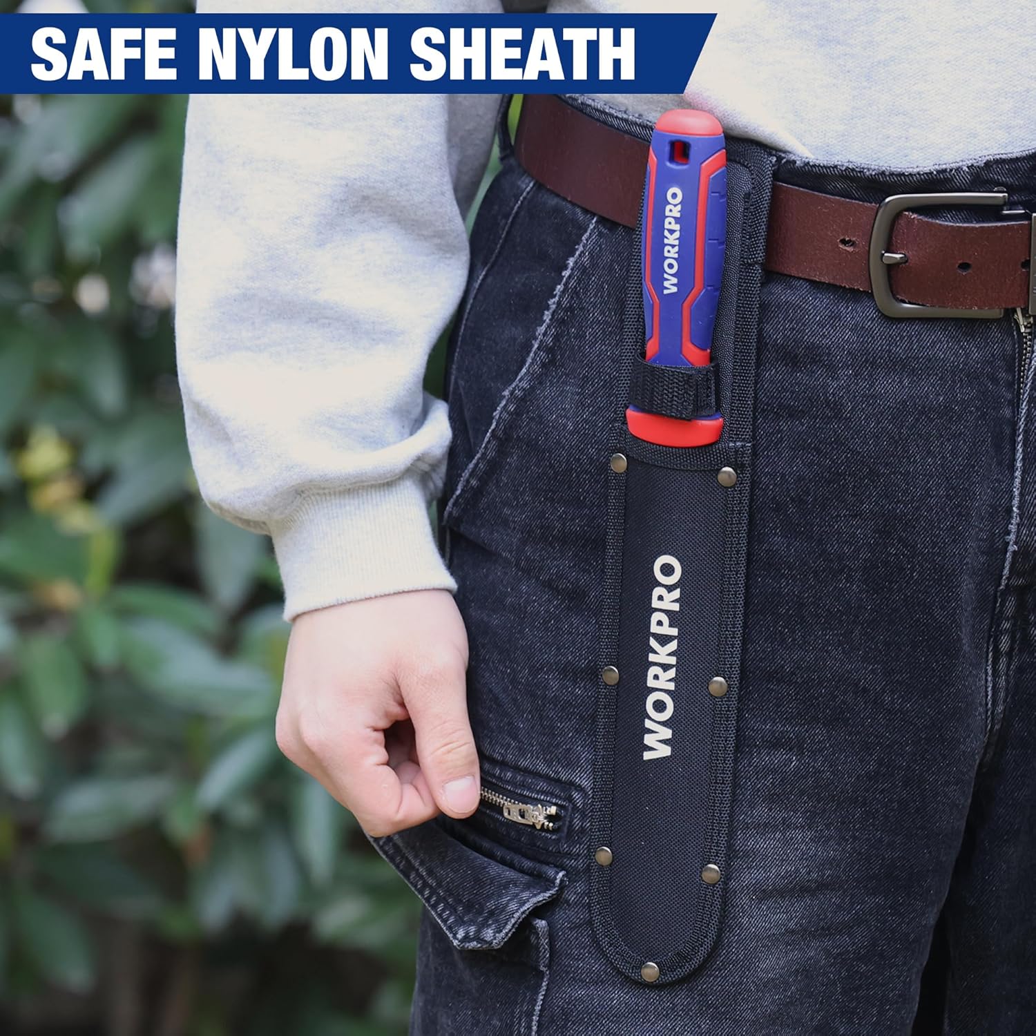 Insulation cutting knife in nylon sheath attached to belt, red-blue handle visible