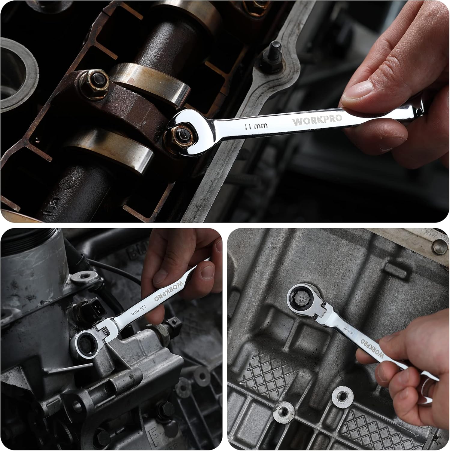Ratchet wrench using flex head on metal components, gripping fasteners with a 72-tooth design