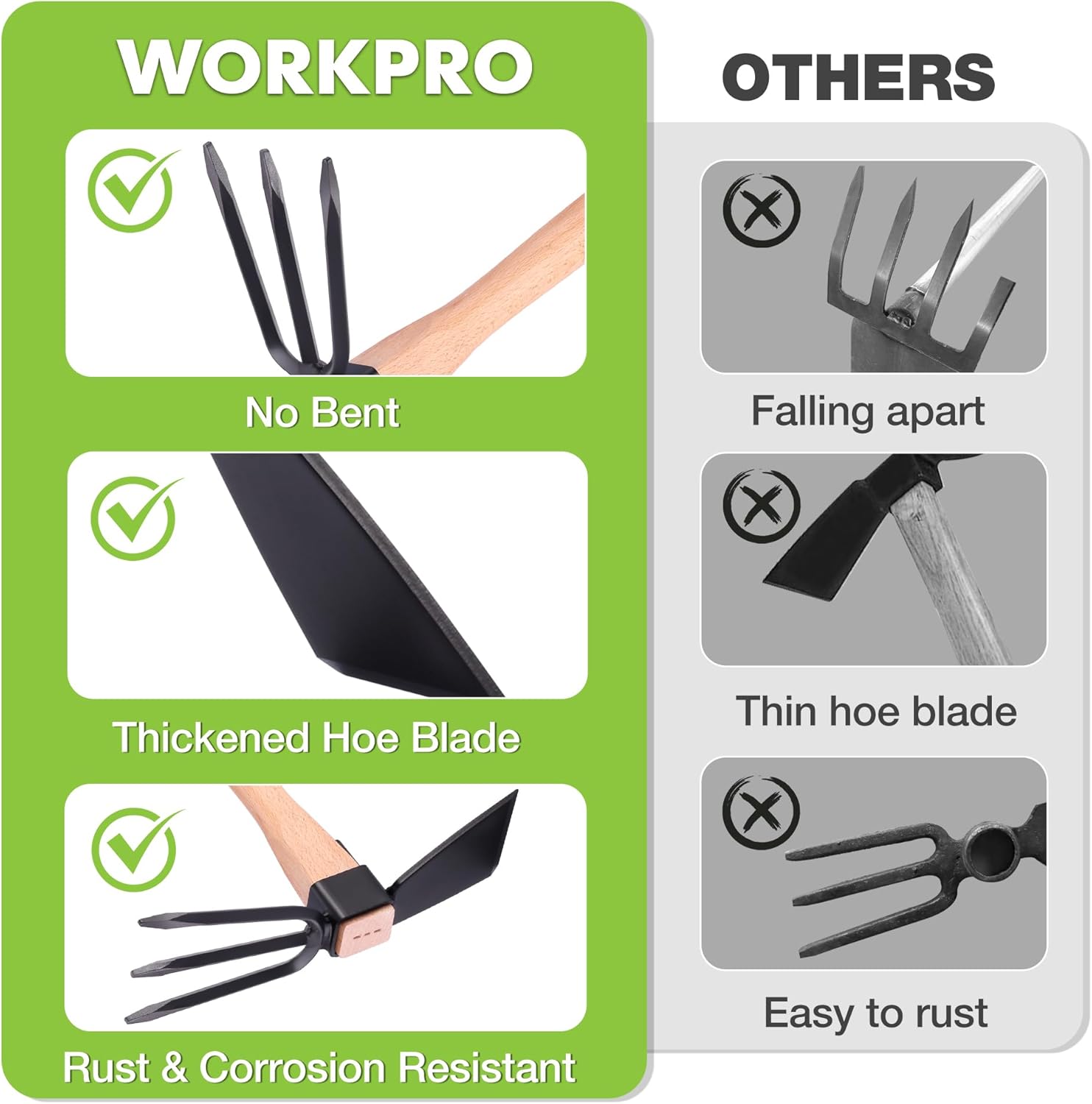 Garden hoe and cultivator with thick black hoe blade and three tines on a wooden handle