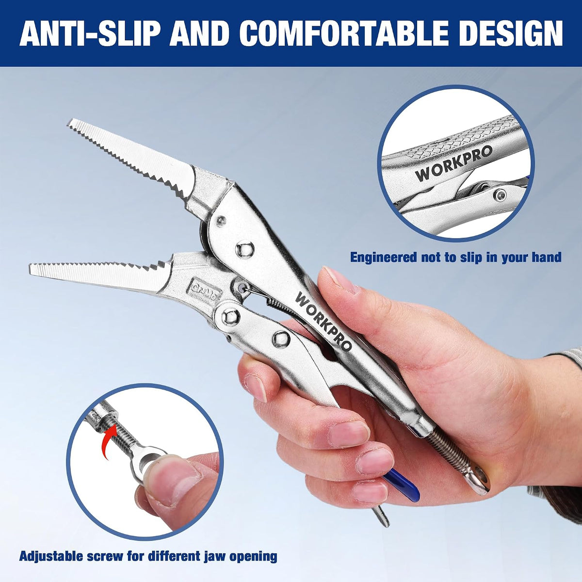 WORKPRO 9.5" Long Nose Locking Pliers, CR-MO Steel Construction with Perforated Screw, Multipurpose Clamping Tool for Automotive, Welding, and Home DIY