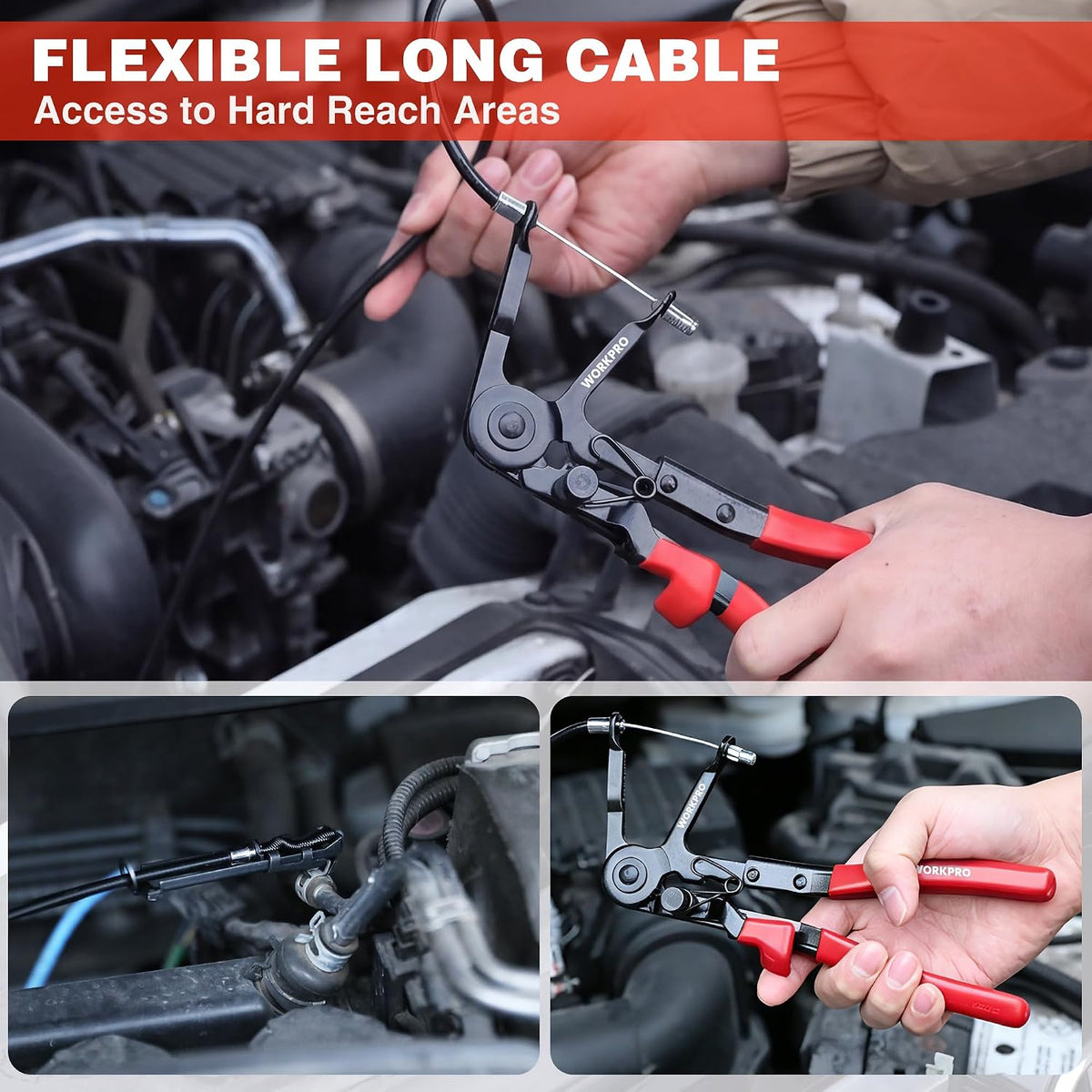 Hand using red-and-black hose clamp pliers in an engine bay