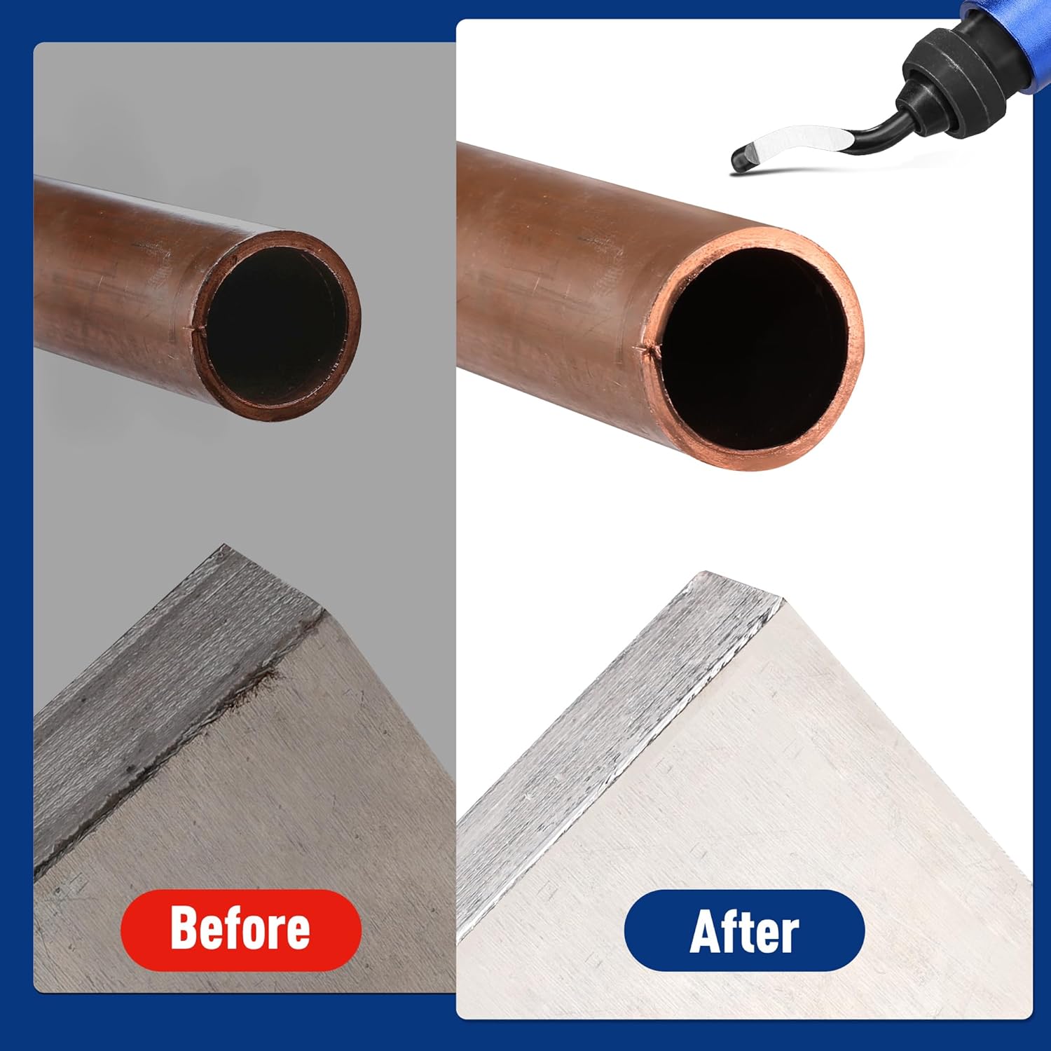 Deburring tool used on copper pipe edge, showing before-and-after smooth rim
