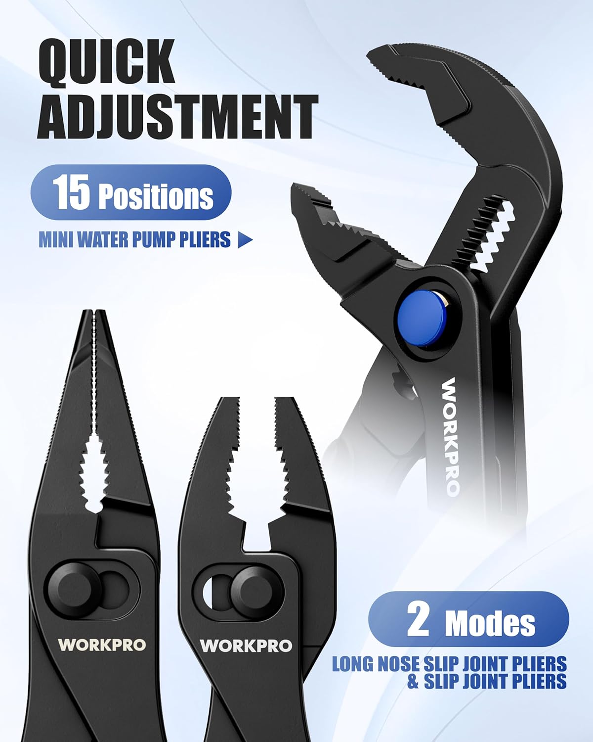 WORKPRO mini water pump pliers with 15-position quick adjustment and blue knob