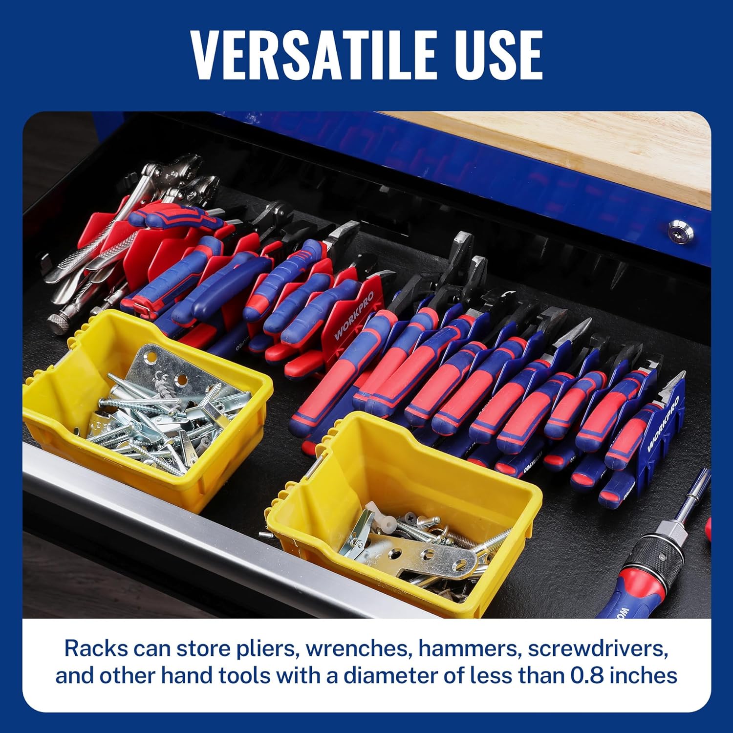 WORKPRO tool organizer rack holding pliers and hand tools in drawer slots